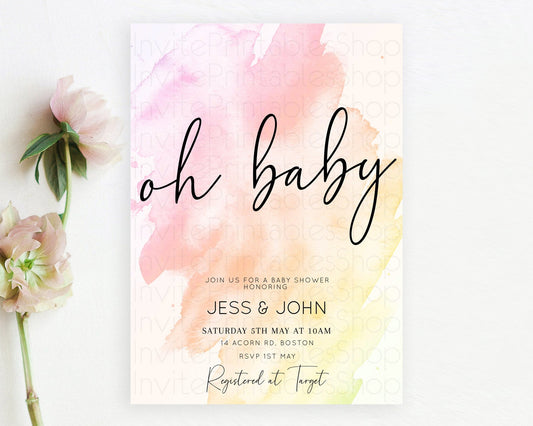 Pink Baby Shower Invitation Pink Watercolor Baby Shower Invitation Pastel Pink Watercolor Invitation Pink Splash Gold Invitation D10167