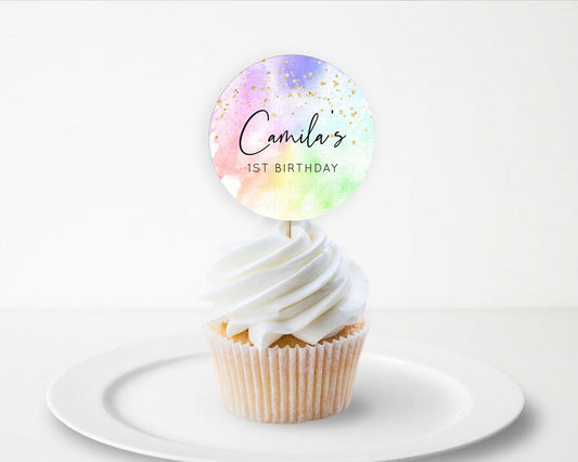 Editable Rainbow Cupcake Toppers Pastel Cupcake Toppers Colorful Pastel Wate