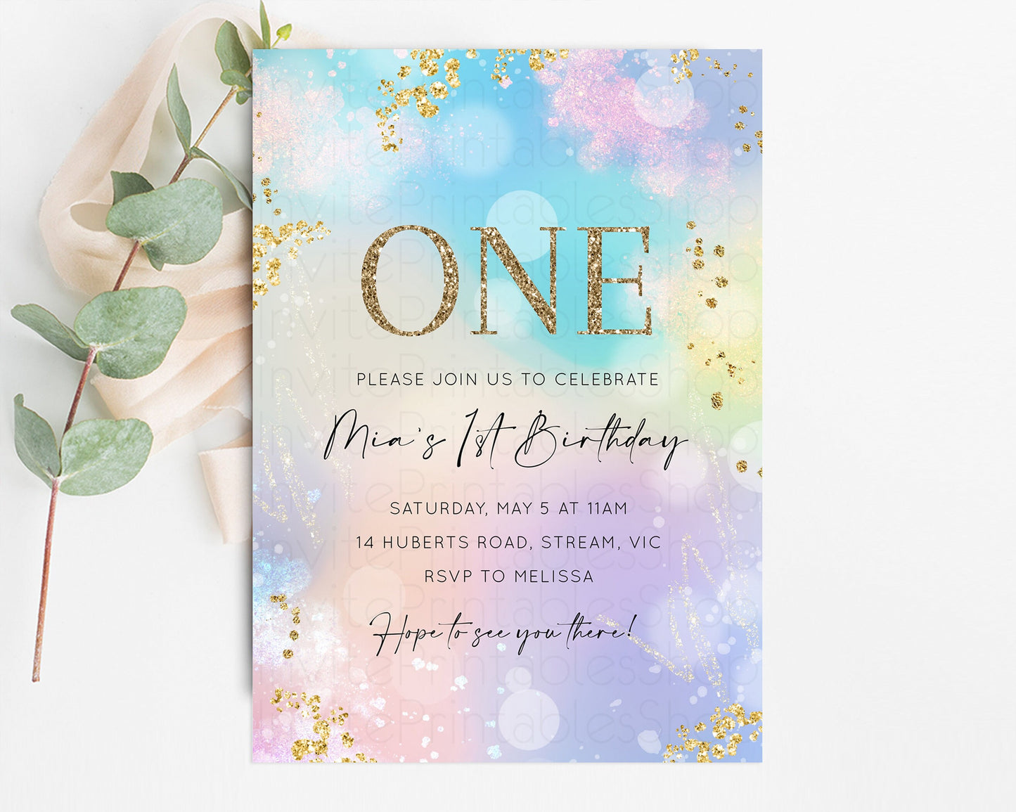 Rainbow Birthday Invitation Pastel Birthday Invite Ombre Watercolor Invite Enchanted Theme Colorful Splash Glitter Sprinkles 1st 2nd 3rd 707