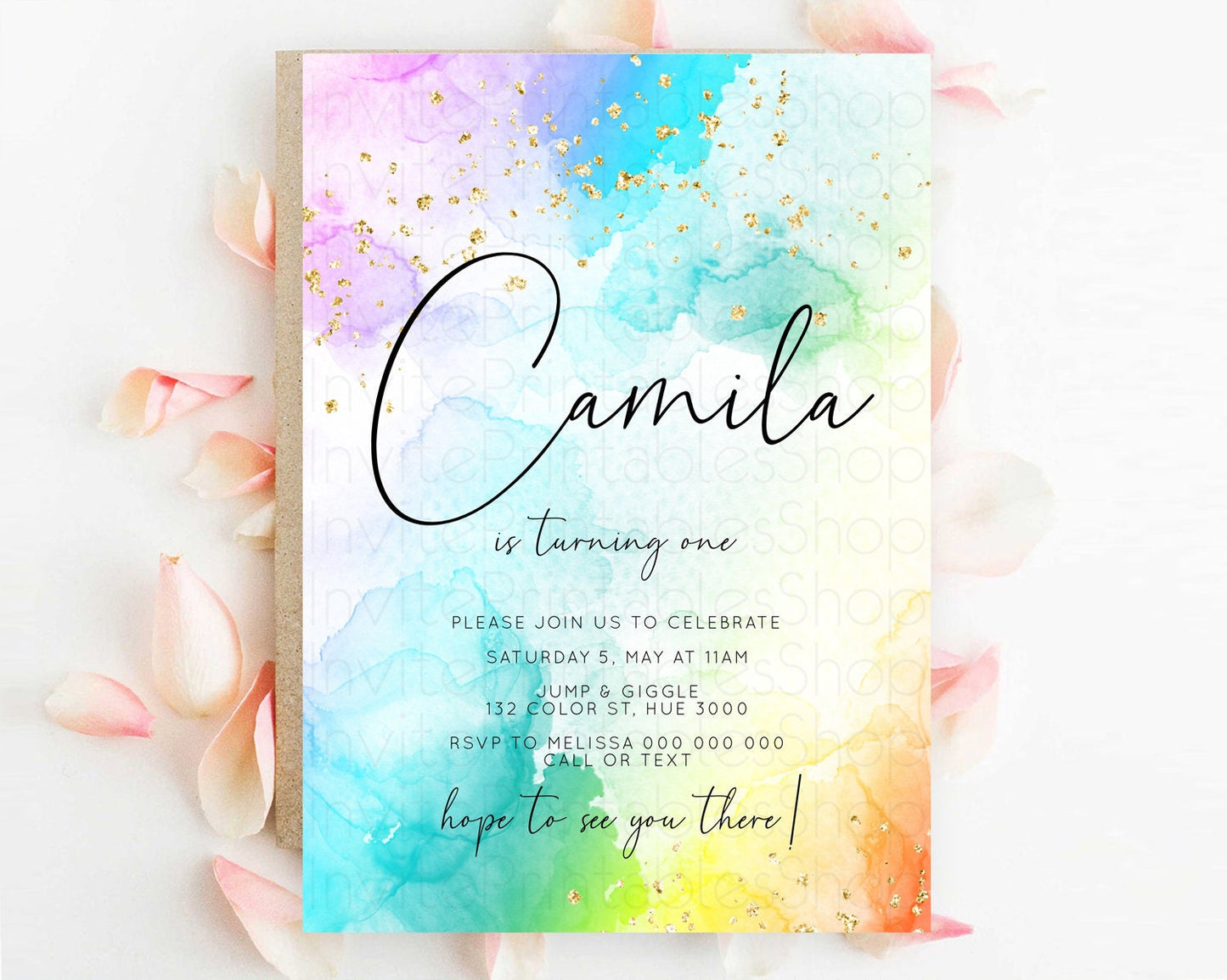 Rainbow Birthday Invitation Colorful Pastel Watercolor Invitation Gold Glitter Sprinkles Ombre Pastel 1st 2nd 3rd Birthday D10771