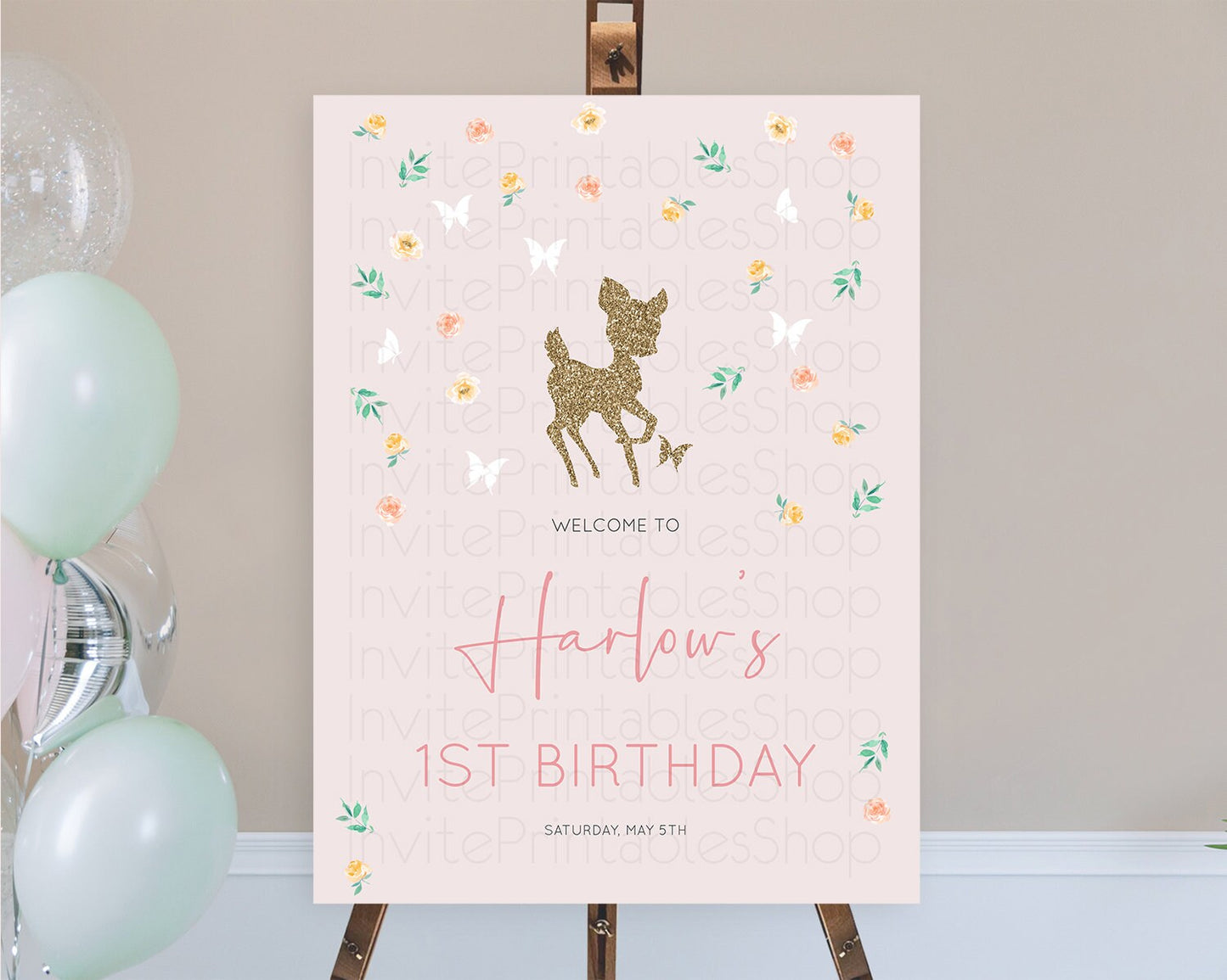 Fawn Welcome Sign Deer Welcome Board Floral Deer Welcome Poster Enchanted Forest Butterfly Pastel Floral First Birthday Welcome Sign D10386