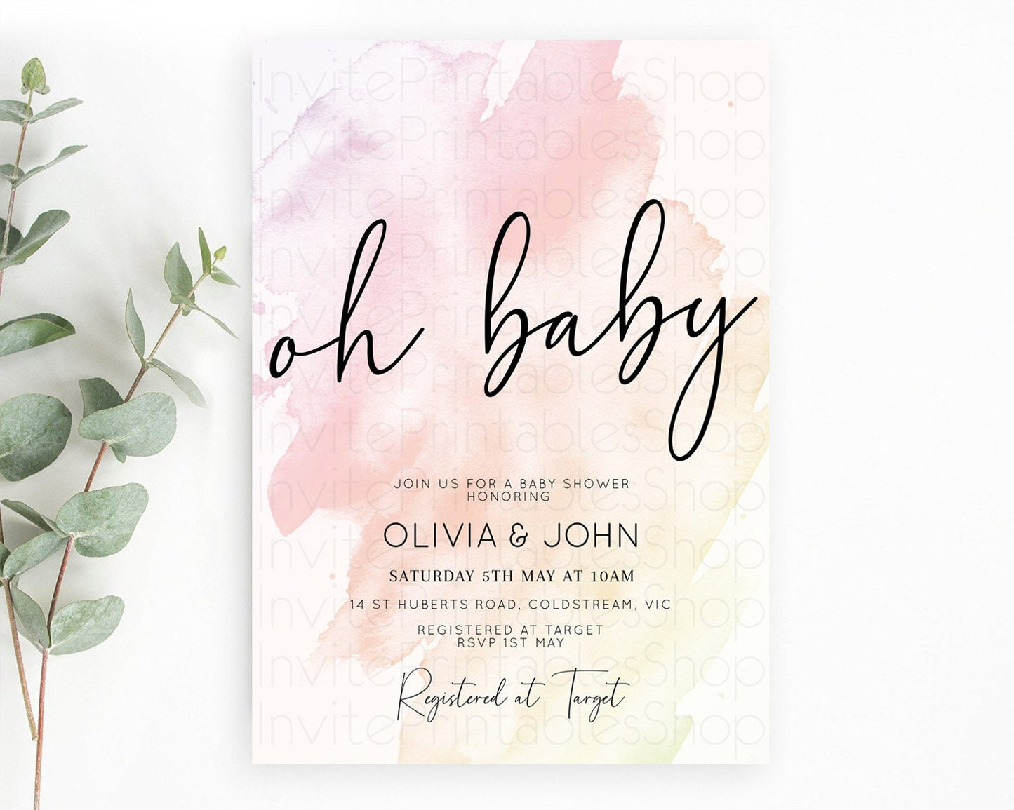 Pink Baby Shower Invitation Pink Watercolor Baby Shower Invitation Pastel Pink Watercolor Invitation Pink Splash Gold Invitation D10164