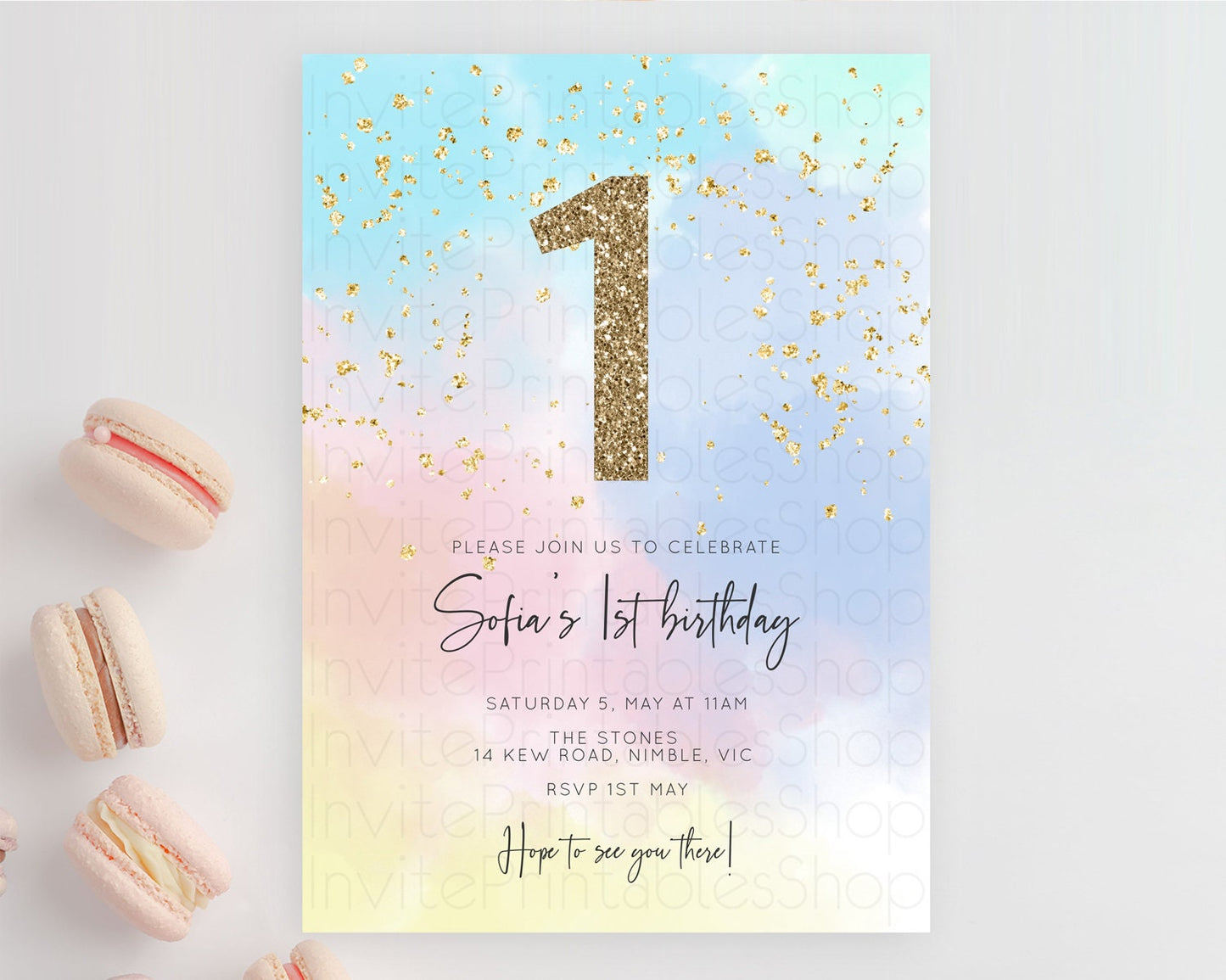 Rainbow Birthday Invitation Colorful Pastel Watercolor Invitation Gold Glitter Sprinkles Ombre Pastel 1st 2nd 3rd Birthday D10368