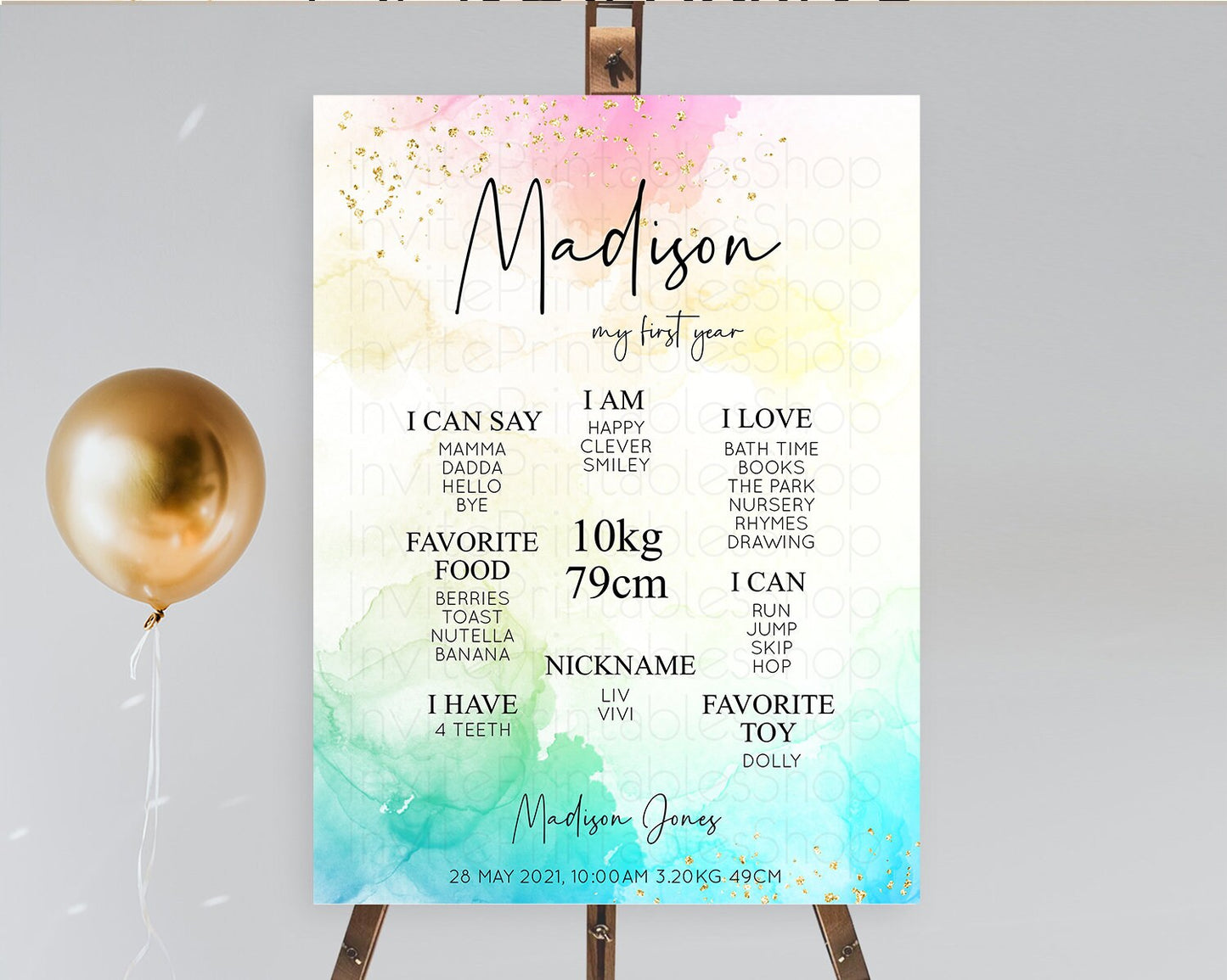 Pastel First Birthday Milestone Board Pastel Rainbow Milestone Poster Colorful Confetti Watercolor Glitter 1st Birthday Welcome Sign D10151