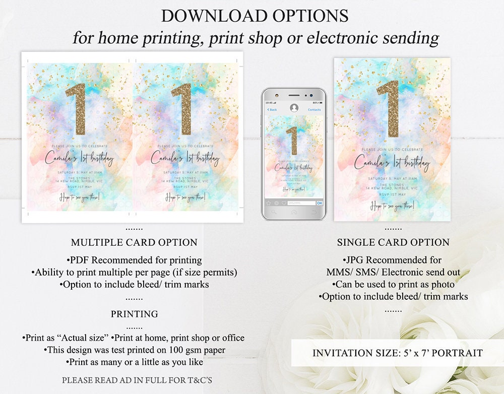 Rainbow Birthday Invitation Colorful Watercolor Gold Glitter Sprinkles Ombre Pastel Invitation 1st 2nd 3rd Printable Editable Invite 276v3