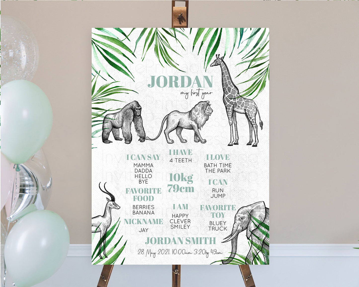 Editable Safari First Birthday Milestone Poster Lion Gorilla Elephant Rhino
