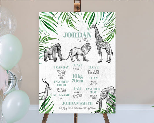 Editable Safari First Birthday Milestone Poster Lion Gorilla Elephant Rhino