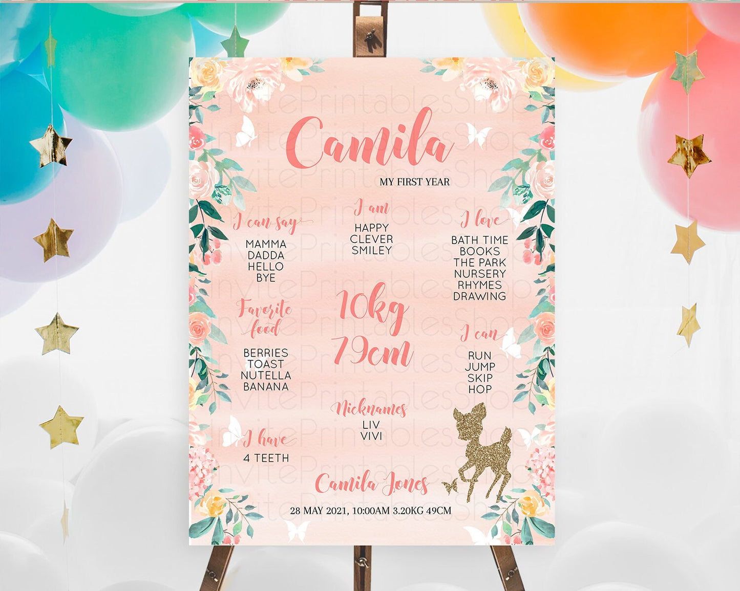 Fawn First Birthday Milestone Board Deer First Birthday Milestone Poster Enchanted Forest Butterfly Pastel Flowers 1st Birthday Sign D10873