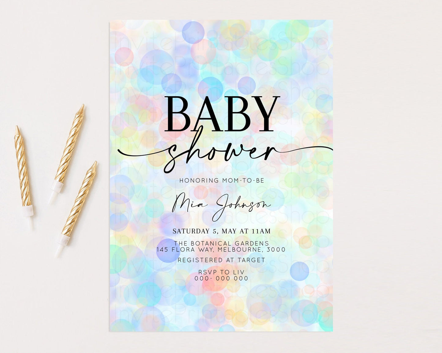 Rainbow Baby Shower Invitation Pastel Invite Colorful POP Invitation Confetti Sprinkles Invite Oh Baby Glitter Blue Pink Yellow Green T500