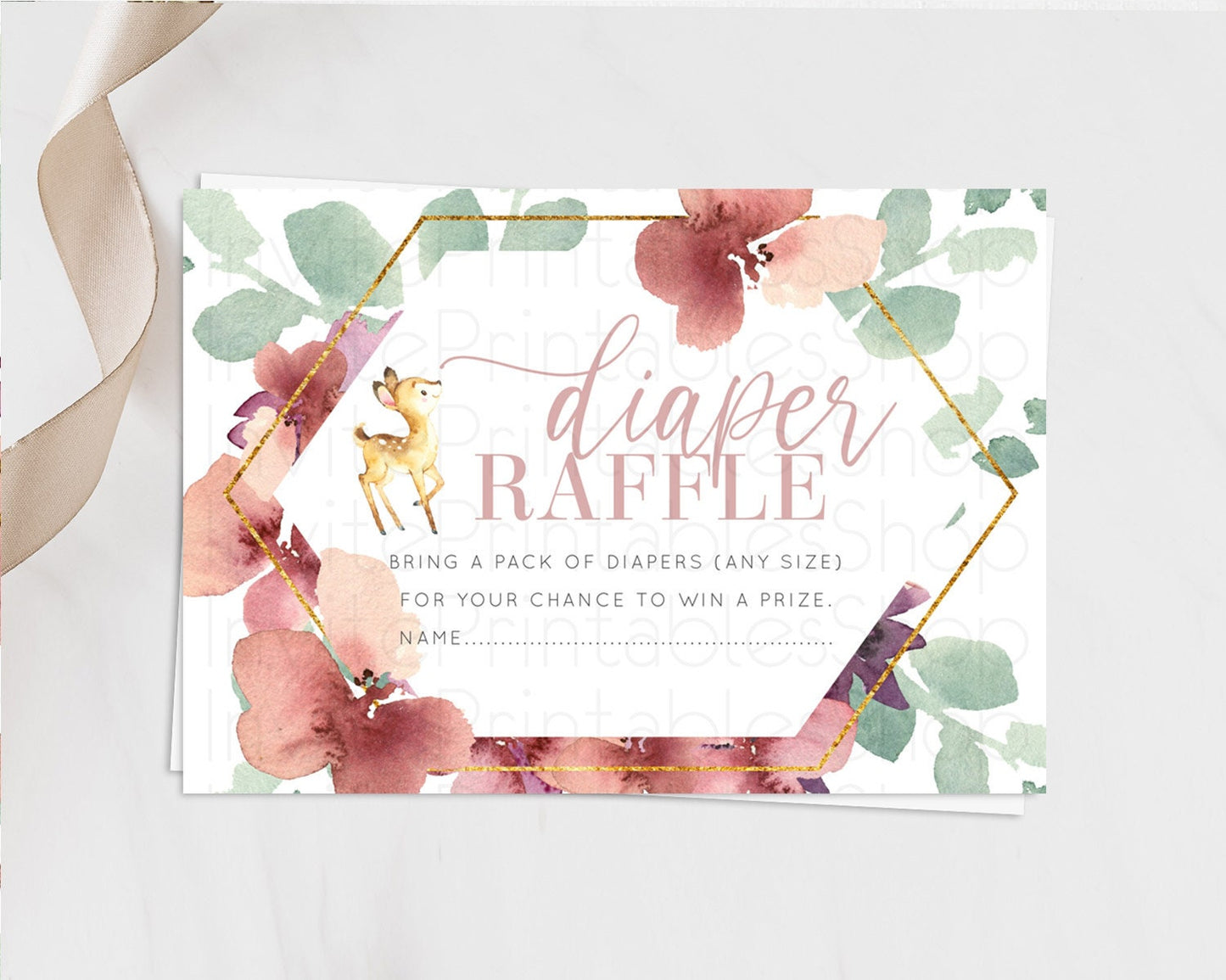 Fawn Diaper Raffle Card Deer Diaper Insert Floral Deer Diaper Ticket Enchanted Forest Butterfly Pastel Baby Shower Raffle Game D10915