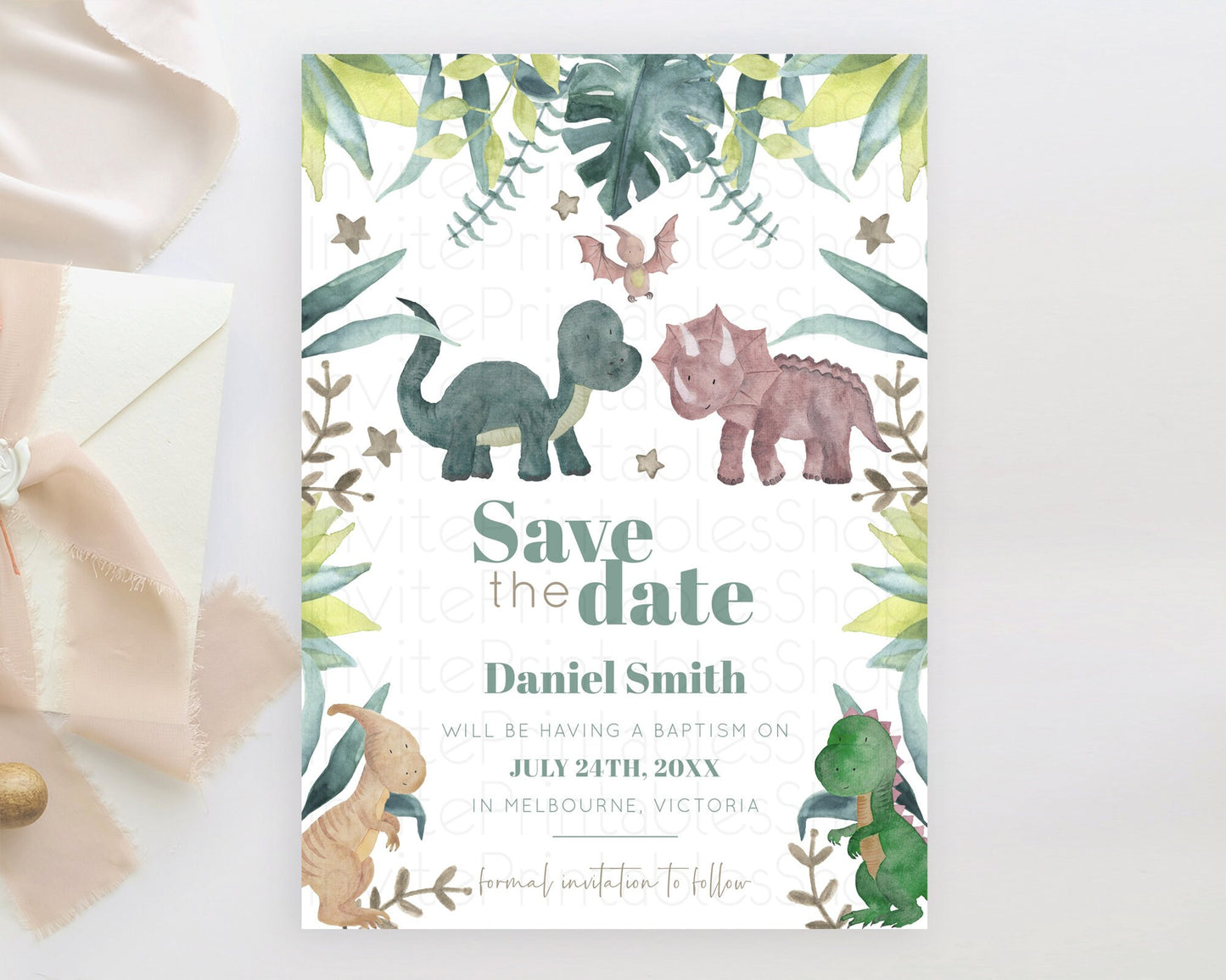 Dinosaur Save The Date Template Dinosaur Volcano Watercolor Volcano T-Rex Raptor Jurassic Party 1st Birthday Baptism Baby Shower D10597