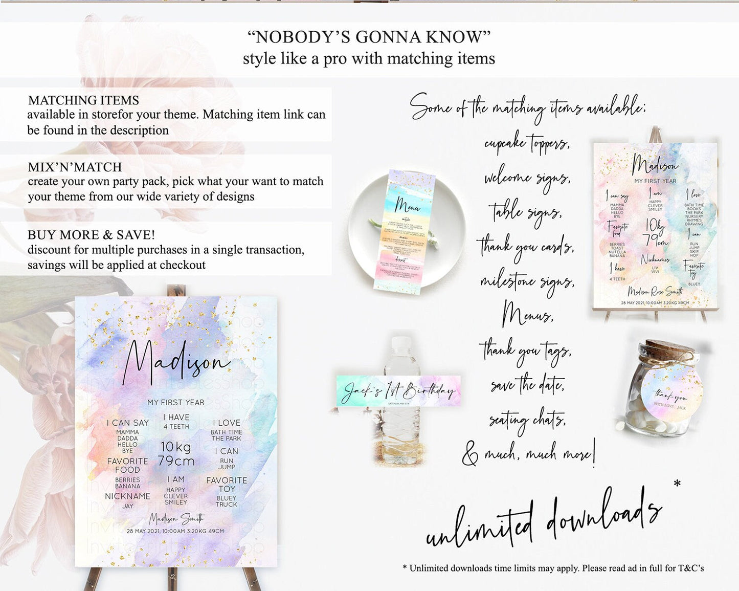 Pastel First Birthday Milestone Board Pastel Rainbow Milestone Poster Colorful Confetti Watercolor Glitter 1st Birthday Welcome Sign D10585