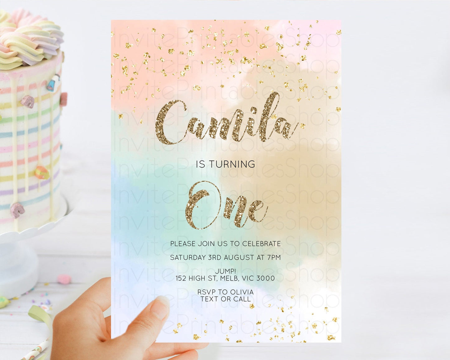 Rainbow Birthday Invitation Colorful Pastel Watercolor Invitation Gold Glitter Sprinkles Ombre Pastel 1st 2nd 3rd Birthday D10377