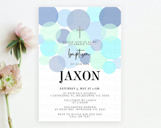 Editable Pastel Baptism Invitation Blue Confetti Baptism 1st Birthday Invita