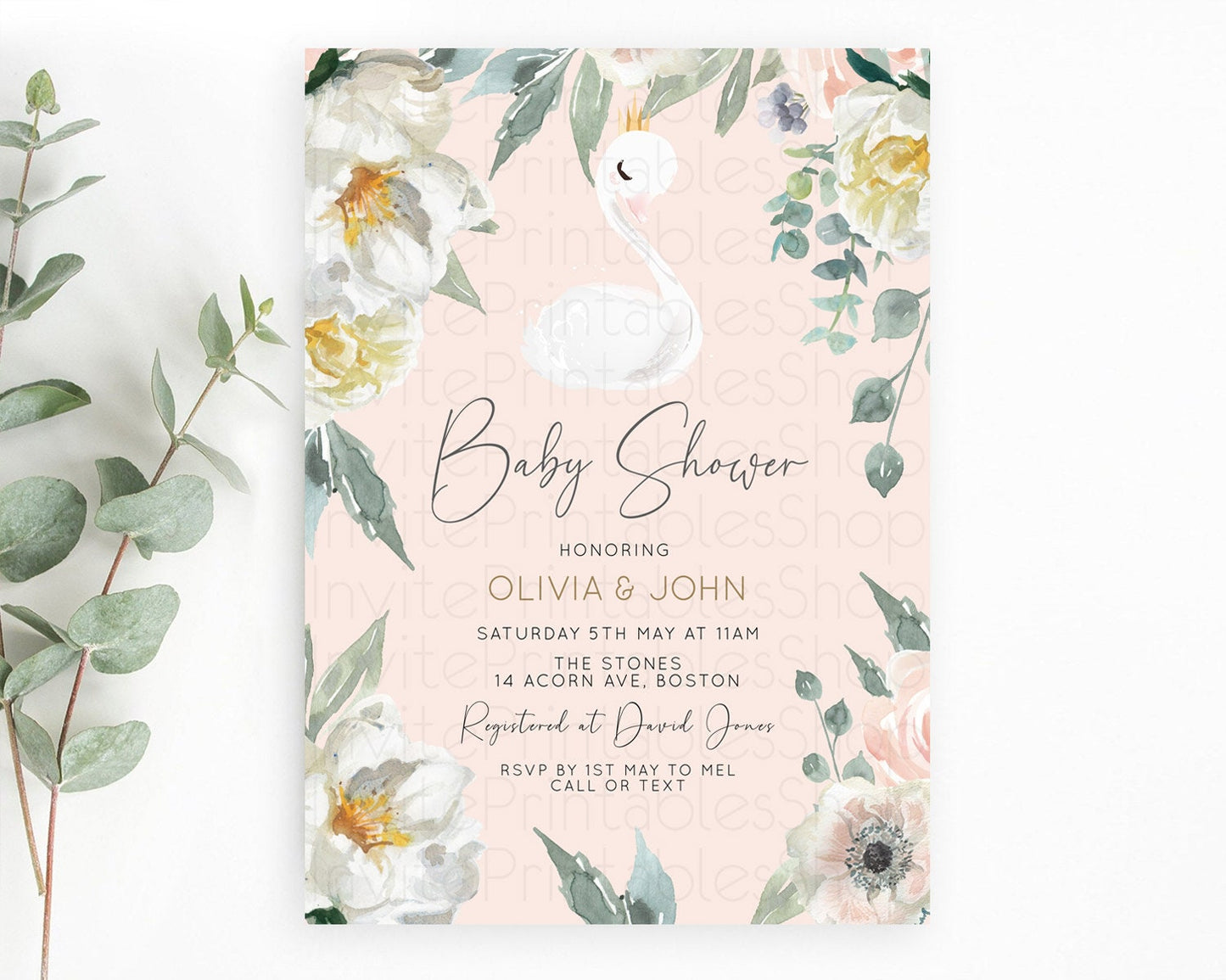 Swan Baby Shower Invitation Swan Princess Ballet Invitation Enchanted Forest Swan Lake Baby Shower Watercolour Pastel Floral D10755