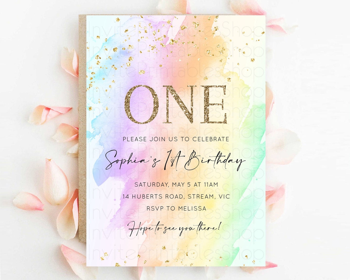 Rainbow Birthday Invitation Colorful Pastel Watercolor Invitation Gold Glitter Sprinkles Ombre Pastel 1st 2nd 3rd Birthday D10645