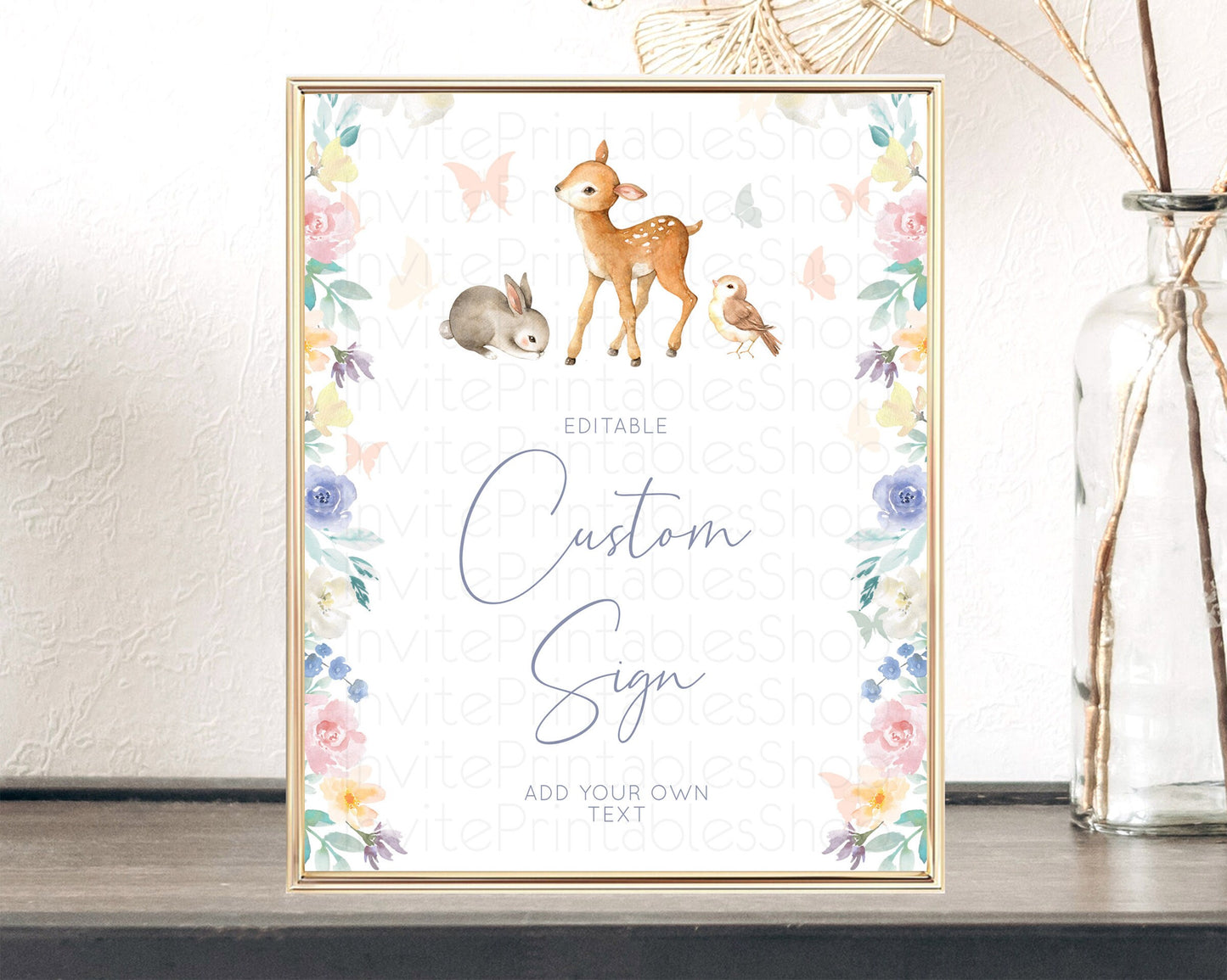 Fawn Deer Sign Pastel Floral Deer Table Sign Decor  Enchanted Forest Butterfly Party 1st Birthday Baptism Baby Shower Bridal Shower D10930