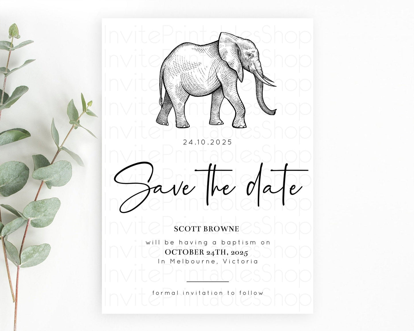 Elephant Save The Date Template Elephant Safari Adventure Party Dried Palm Fern Zoo 1st Birthday Baptism Baby Shower Bridal Shower D10248