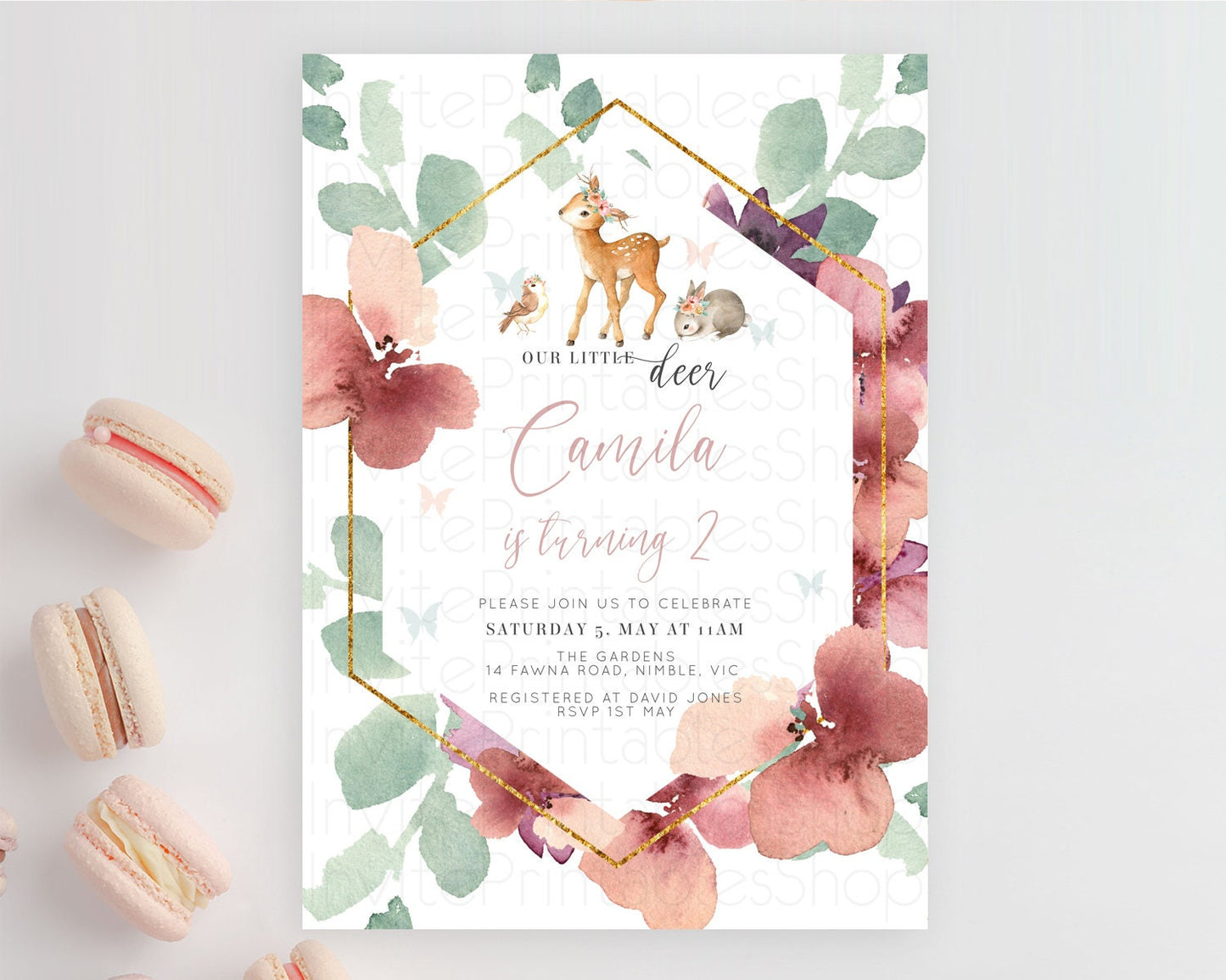 Fawn Birthday Invitation Deer Birthday Invitation Enchanted Forest Party Butterfly Pastel Flowers Whimsical 2nd 1st First Birthday D10913