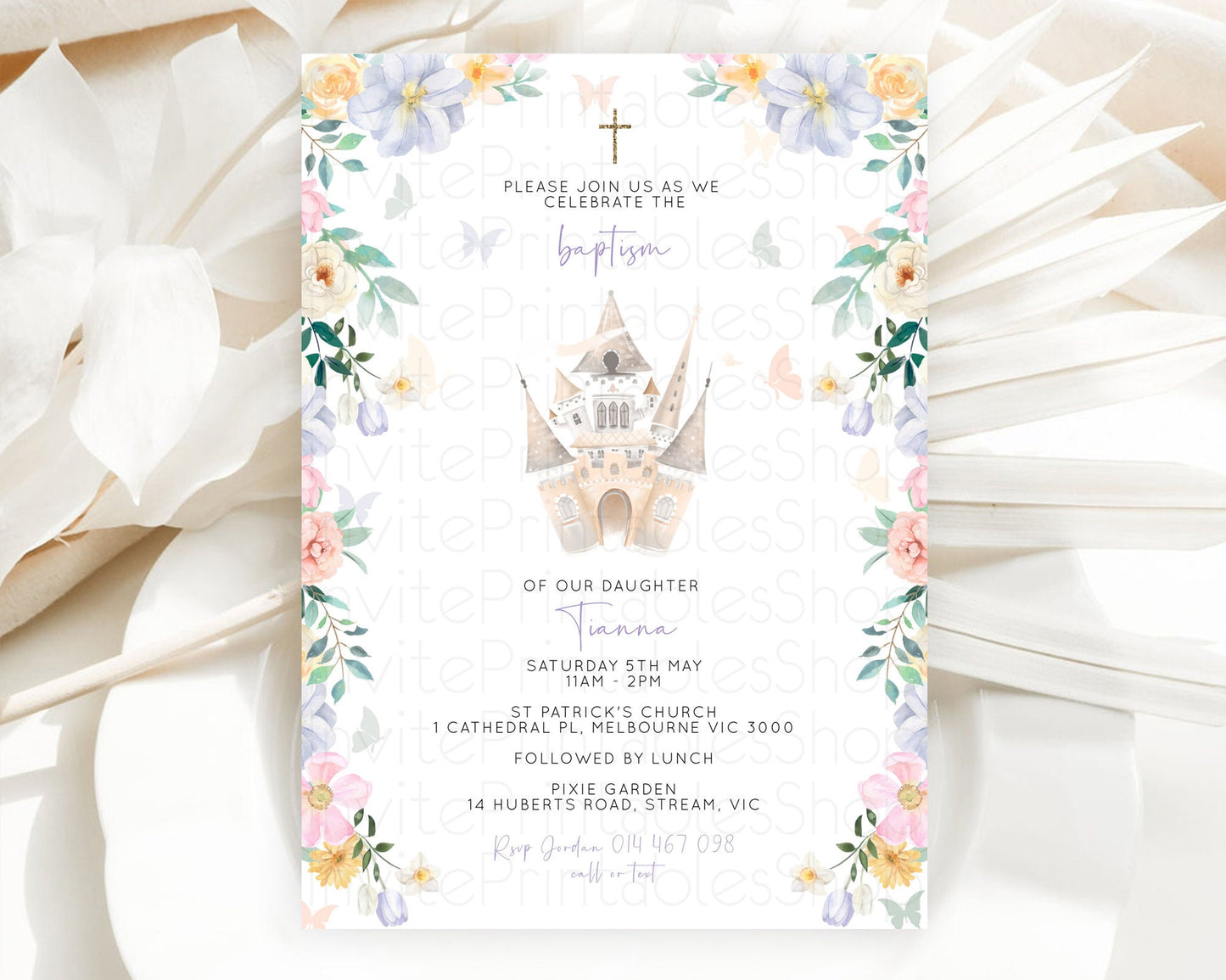 Princess Baptism Invitation Enchanted Castle Baptism 1st Birthday Invitation Royal Party Pastel Floral Secret Garden Christening D10473