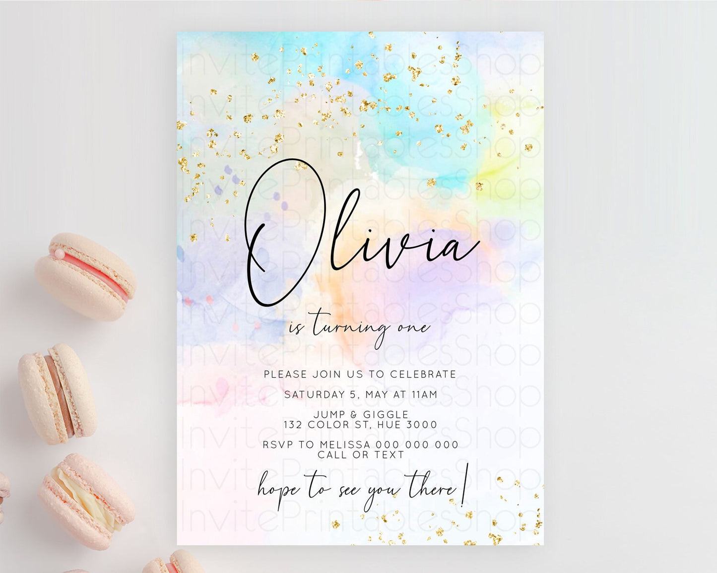 Rainbow Birthday Invitation Colorful Pastel Watercolor Invitation Gold Glitter Sprinkles Ombre Pastel 1st 2nd 3rd Birthday D10769