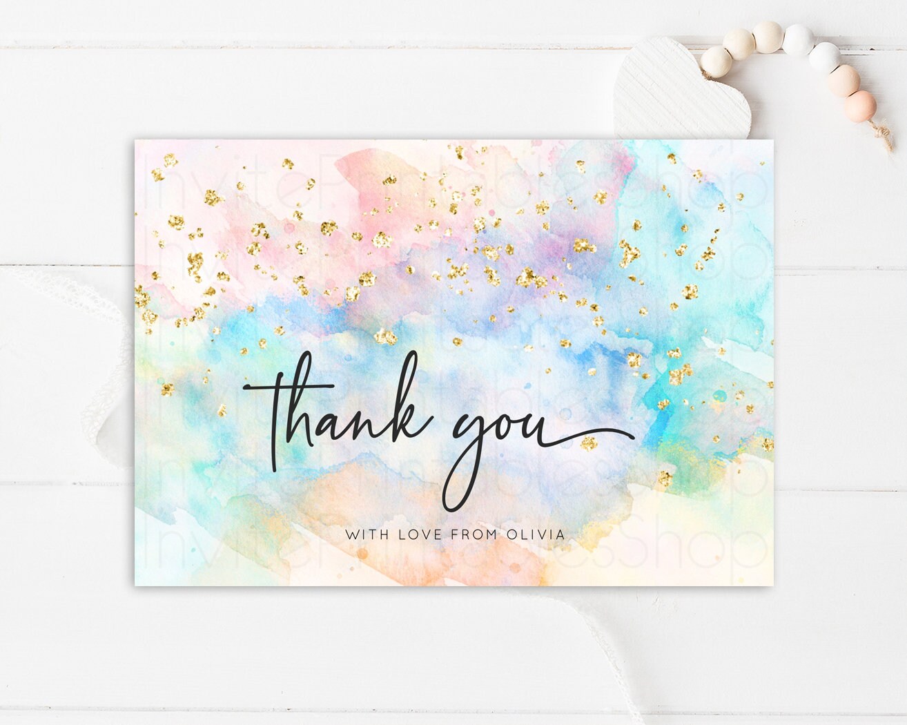 Pastel Rainbow Thank you Colorful Watercolor Folded Gift Cards Custom Note Message Glitter Birthday Engaged Baby Shower Wedding Guests 276v3