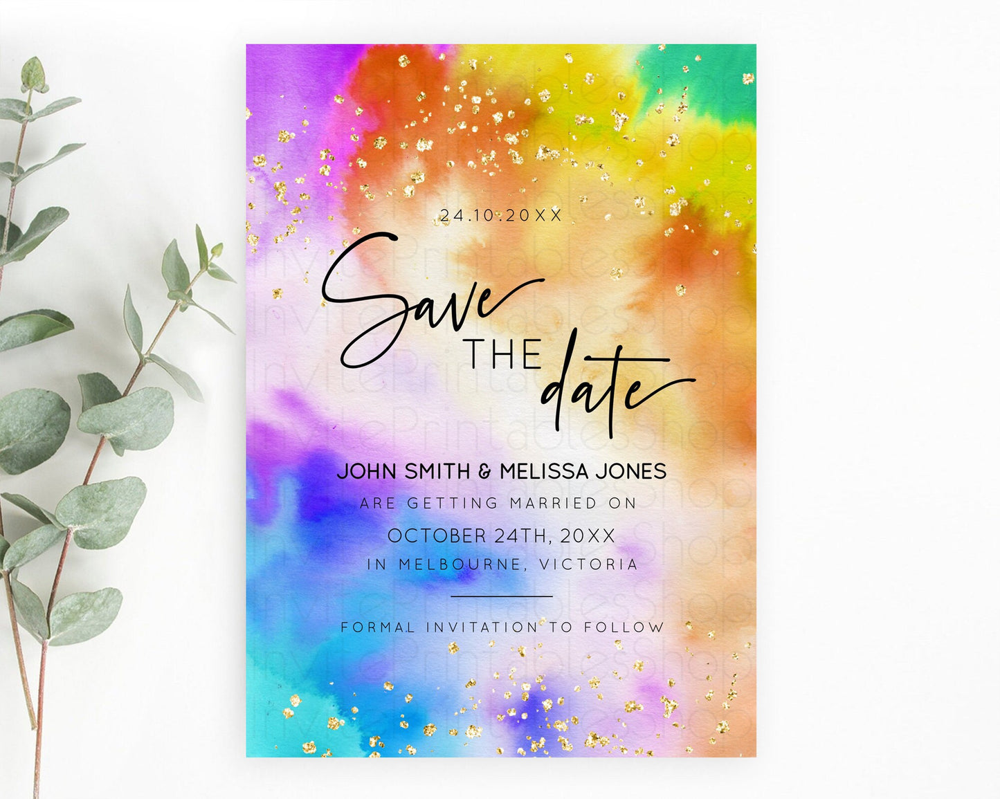 Tie Dye Save The Date Template Rainbow Pastel Ombre Watercolor Party For 1st Birthday Baptism Baby Shower Bridal Shower Wedding D10530