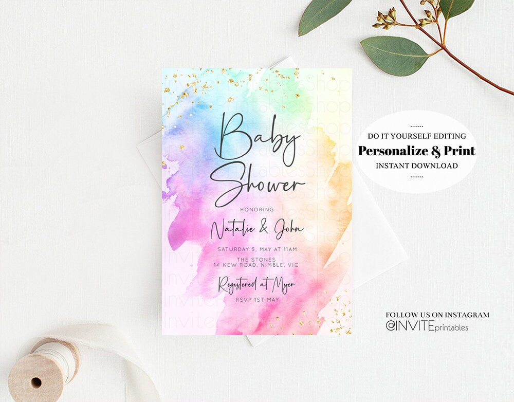 Rainbow Baby Shower Invitation Ombre Pastel Invitation Colorful Watercolor Splash Invite Gold Glitter Sprinkles Invite Blue Green Pink 504