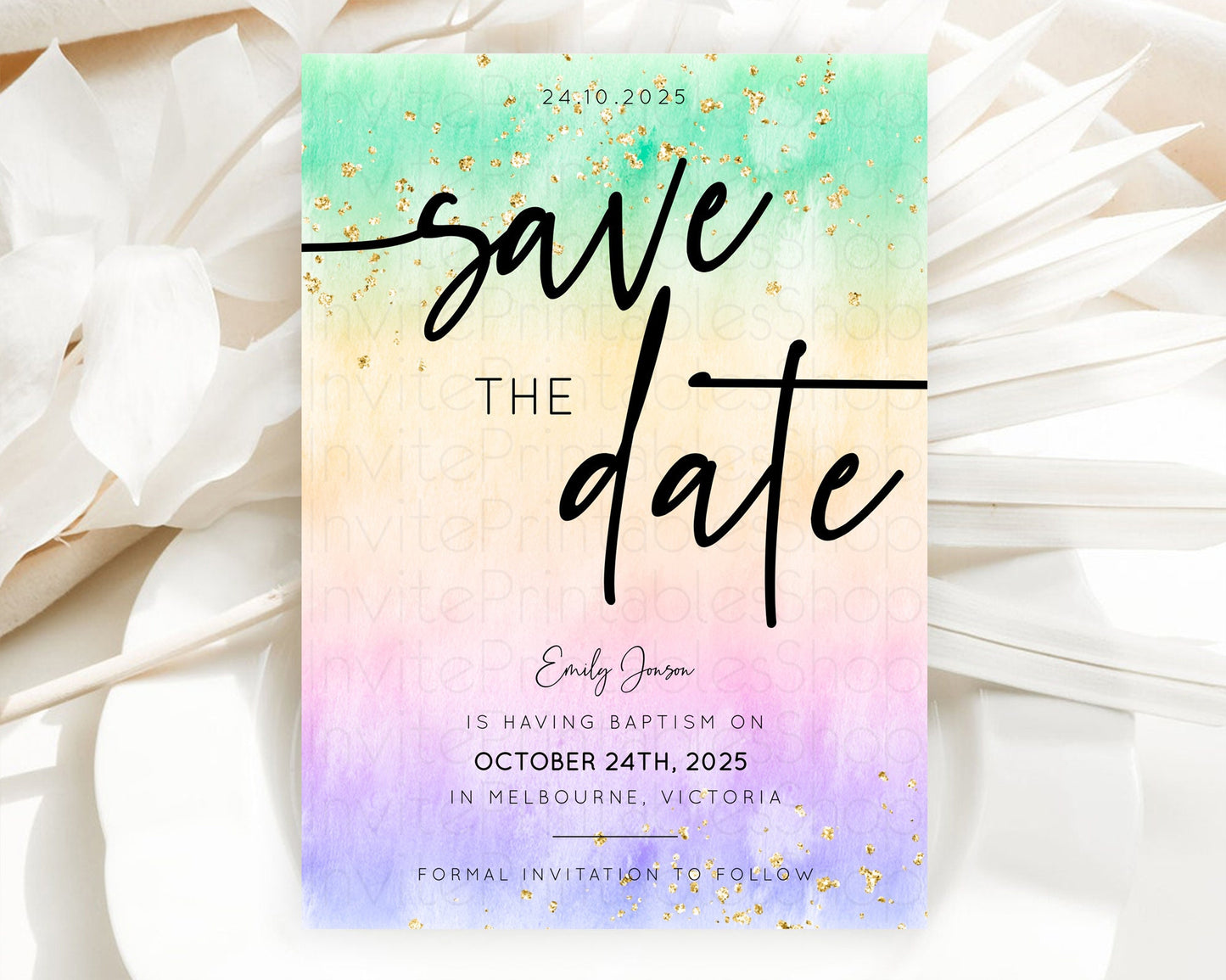 Pastel Save The Date Template Pastel Ombre Rainbow Watercolor Colorful Party For Birthday Baptism Baby Shower Wedding Bridal Shower D10485