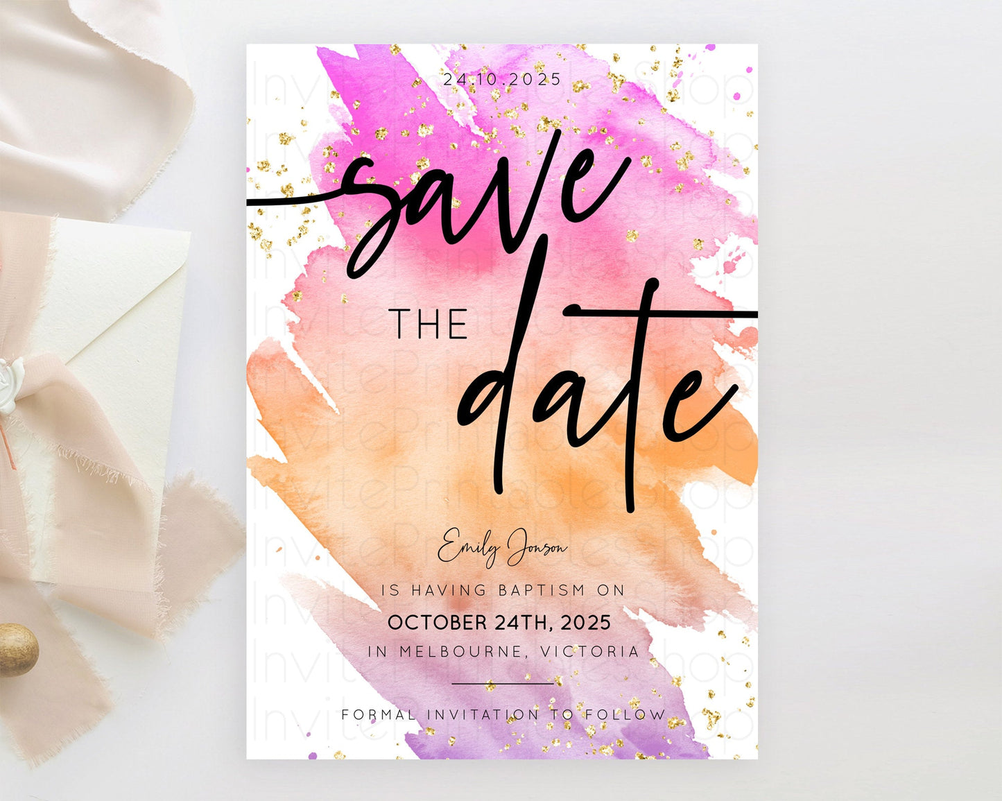 Pastel Save The Date Template Pastel Ombre Rainbow Watercolor Colorful Party For Birthday Baptism Baby Shower Wedding Bridal Shower D10488
