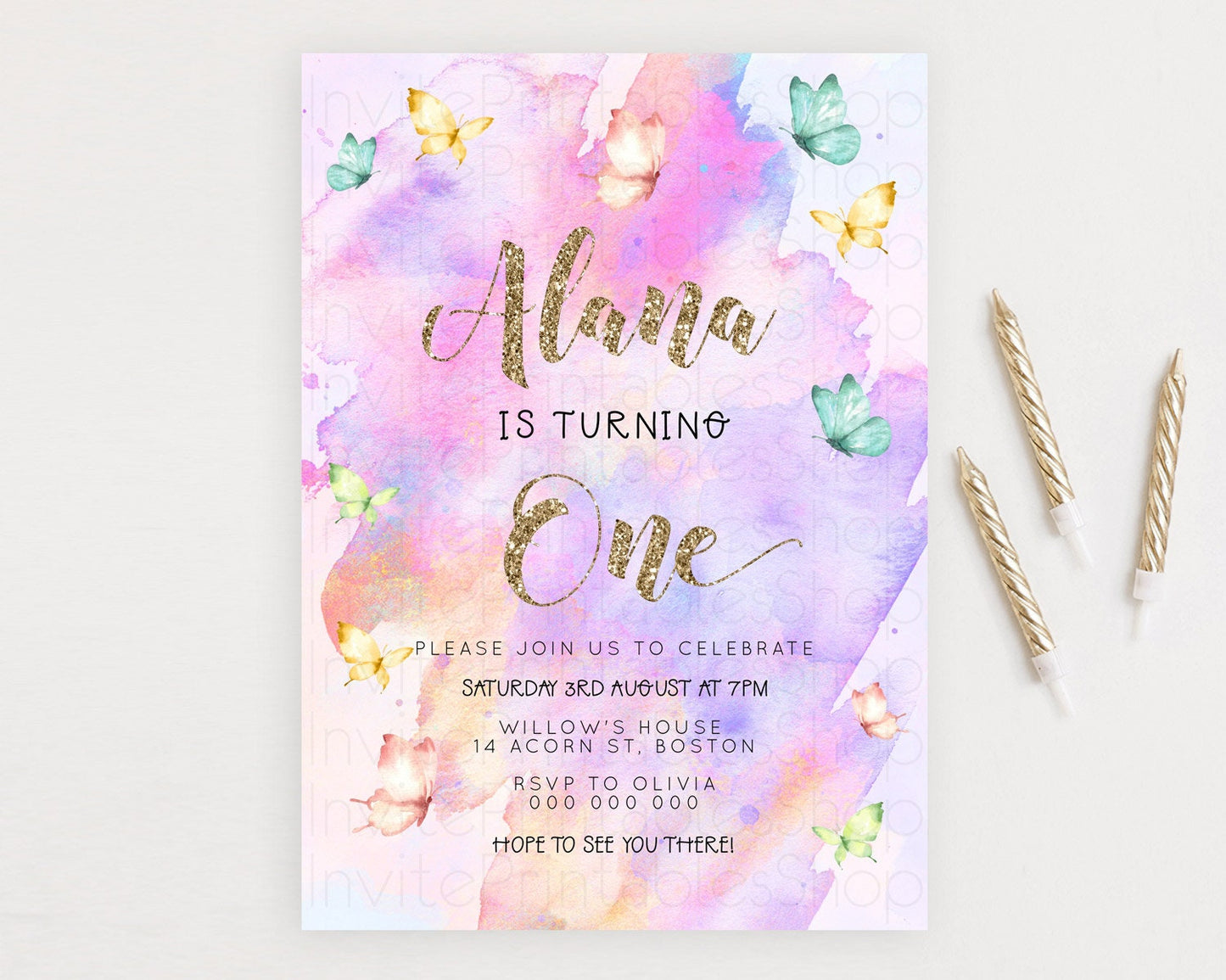 Pastel Butterfly Birthday Invitation Butterfly Birthday Invitation Colorful Splash Glitter Butterfly Garden 1st 2nd Birthday D23251