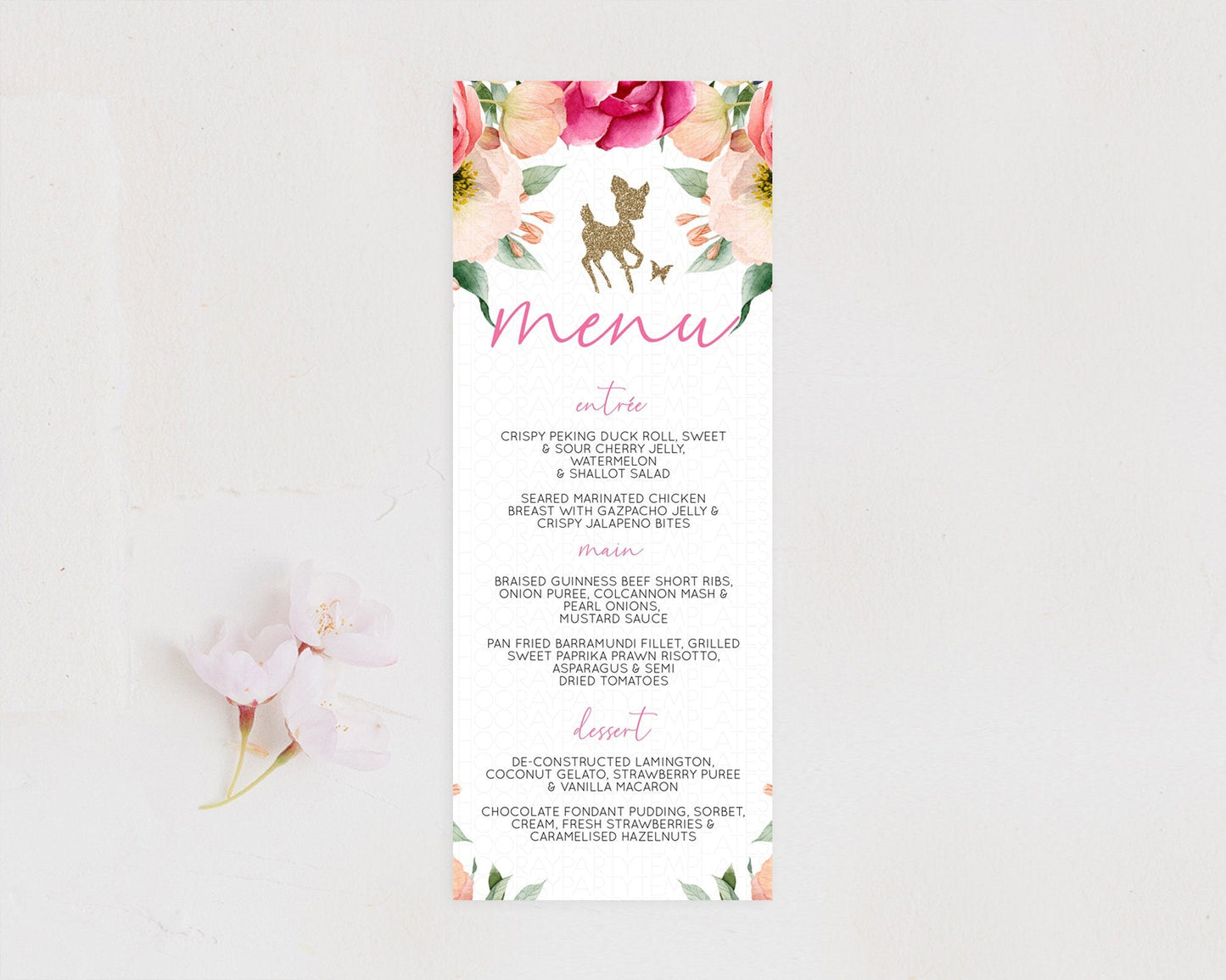 Fawn Menu Deer Menu Template Pastel Floral Deer Table Decor Enchanted Forest Butterfly Floral Dinner Dessert Menu Party Food Menu D10326