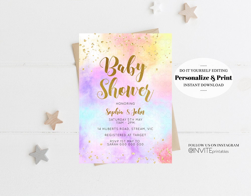 Editable Rainbow Baby Shower Invitation Watercolor Pastel Invitation Colorfu