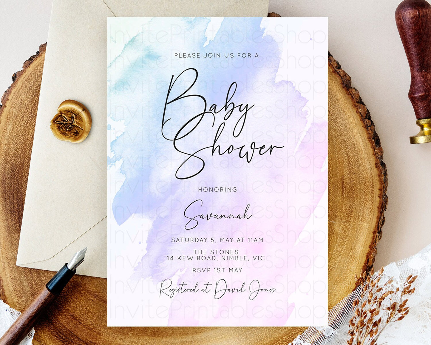 Purple Baby Shower Invitation Purple Watercolor Baby Shower Invitation Pastel Purple Watercolor Invitation Purple Splash Invitation D10165