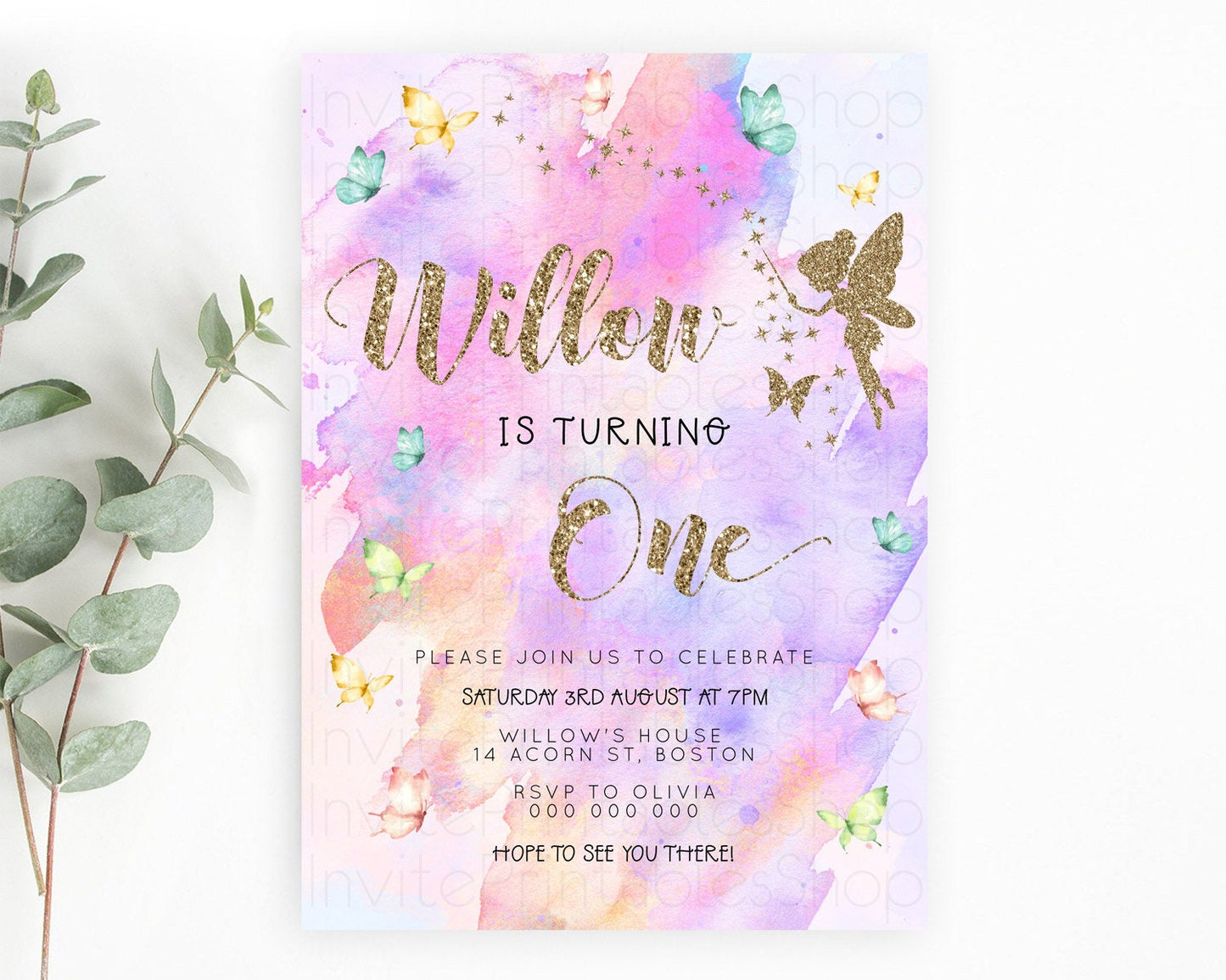 Pastel Fairy Birthday Invitation Pastel Butterflies Fairy Birthday Invitation Rainbow Ombre Watercolor 1st 2nd Birthday Invitation D23345