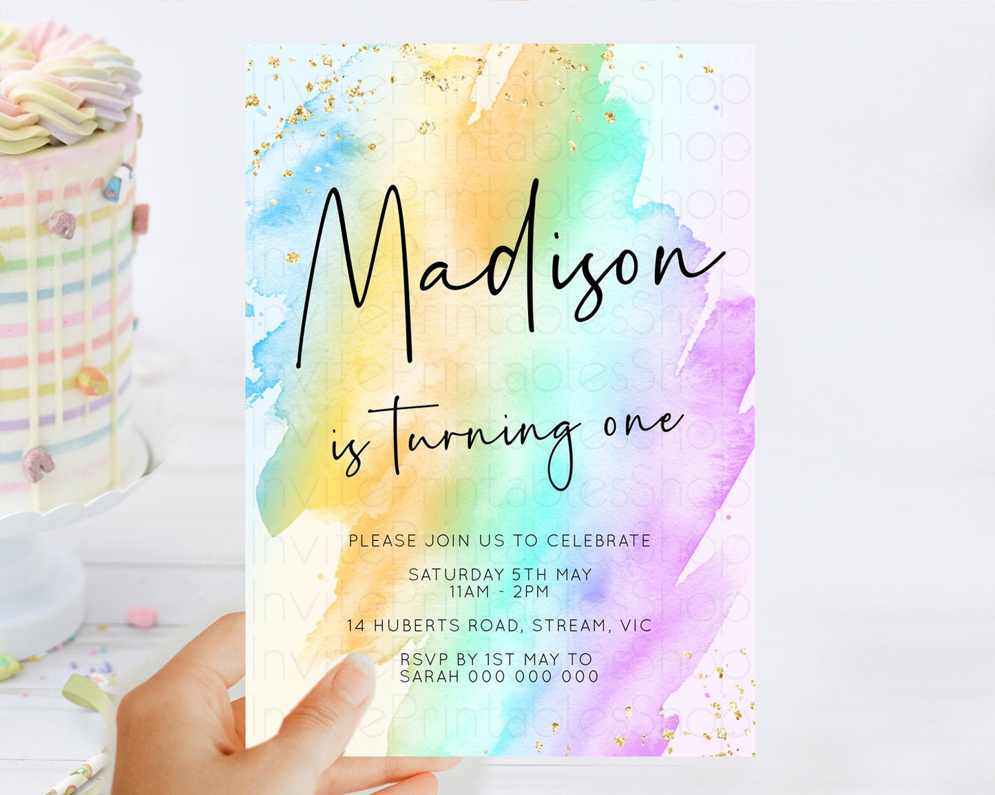 Rainbow Birthday Invitation Colorful Pastel Watercolor Invitation Gold Glitter Sprinkles Ombre Pastel 1st 2nd 3rd Birthday D10427