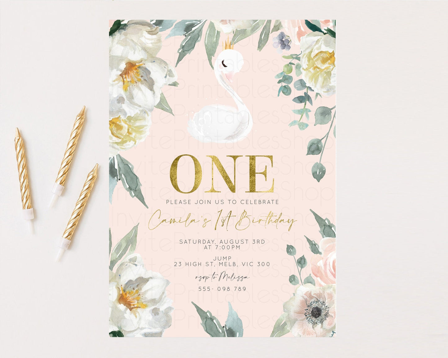 Swan Birthday Invitation White Floral Birthday Invitation Swan Princess Invite Ballet Swan Princess Invite Enchanted Garden Invite s102