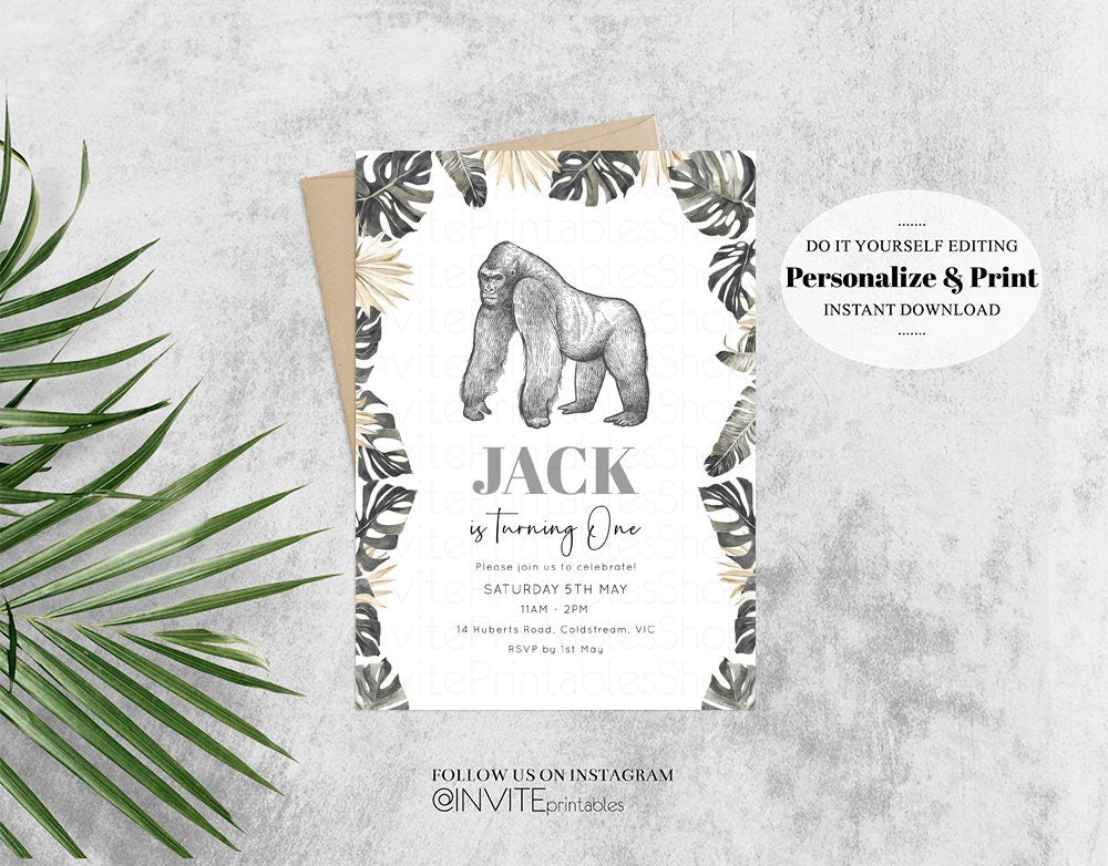 Gorilla Birthday Invitation Watercolor Gorilla Tropical Palm Jungle Safari Adventure Zoo Party Wild Party Animal Custom Editable Invite