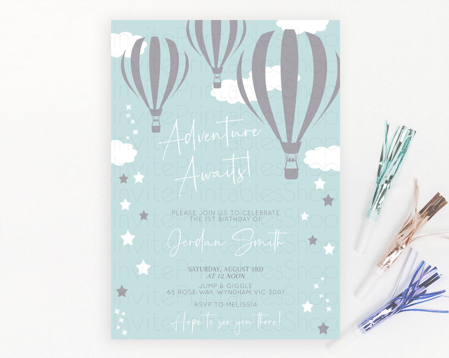 Hot Air Balloon Birthday Invitation Hot Air Balloon Invites Adventure Awaits Up Up & Away Glitter Blue Watercolor 1st Birthday Boy D10324