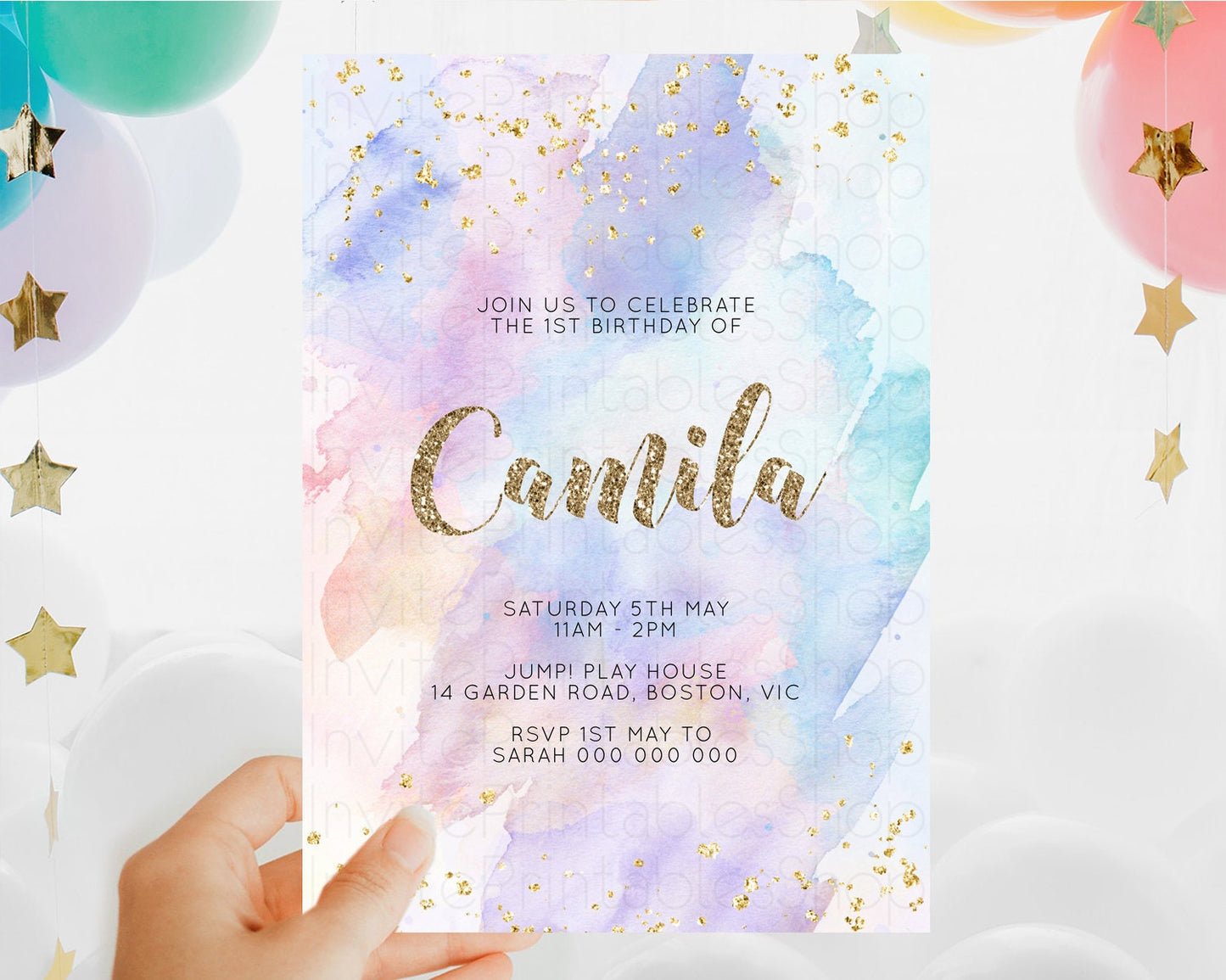 Editable Rainbow Birthday Invitation Colorful Pastel Watercolor Invitation G