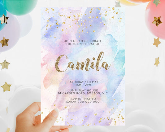Editable Rainbow Birthday Invitation Colorful Pastel Watercolor Invitation G