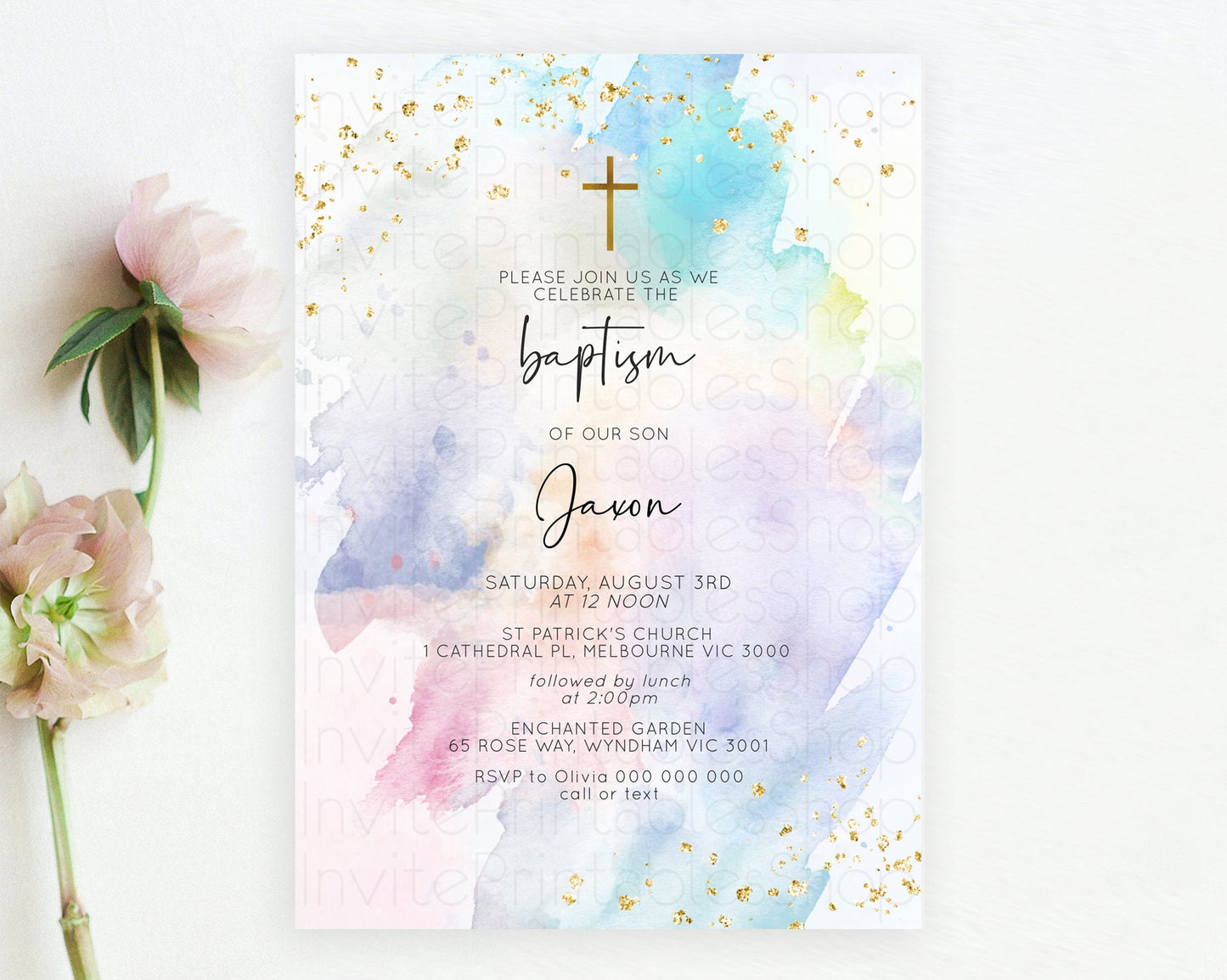 Pastel Baptism Invitation Pastel Colors Watercolor Baptism 1st Birthday Party Gold Ombre Pastel Rainbow Christening Holy Communion D10422