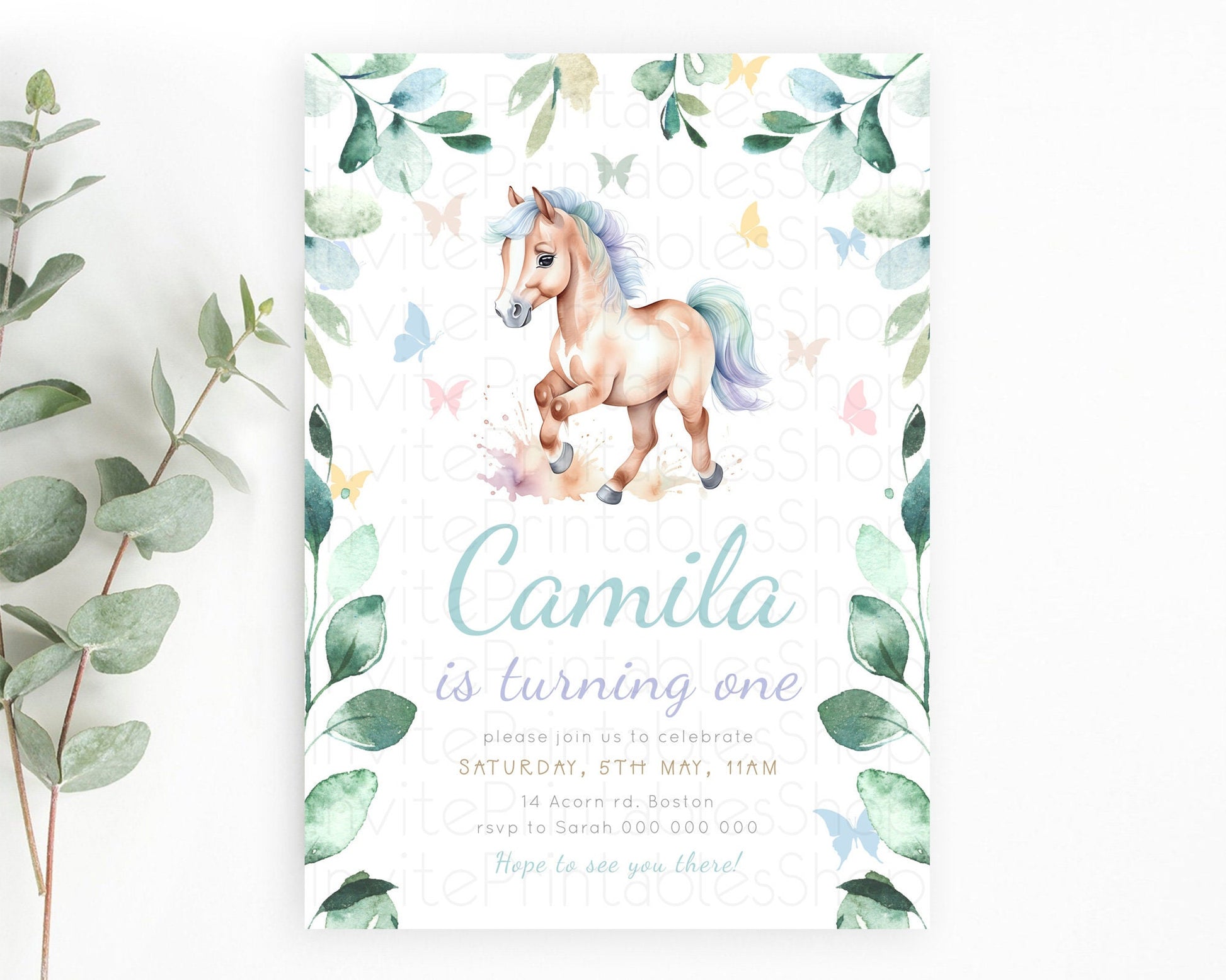 Editable Horse Birthday Invitation, Galloping Wildflower Fields, Pastel Flow