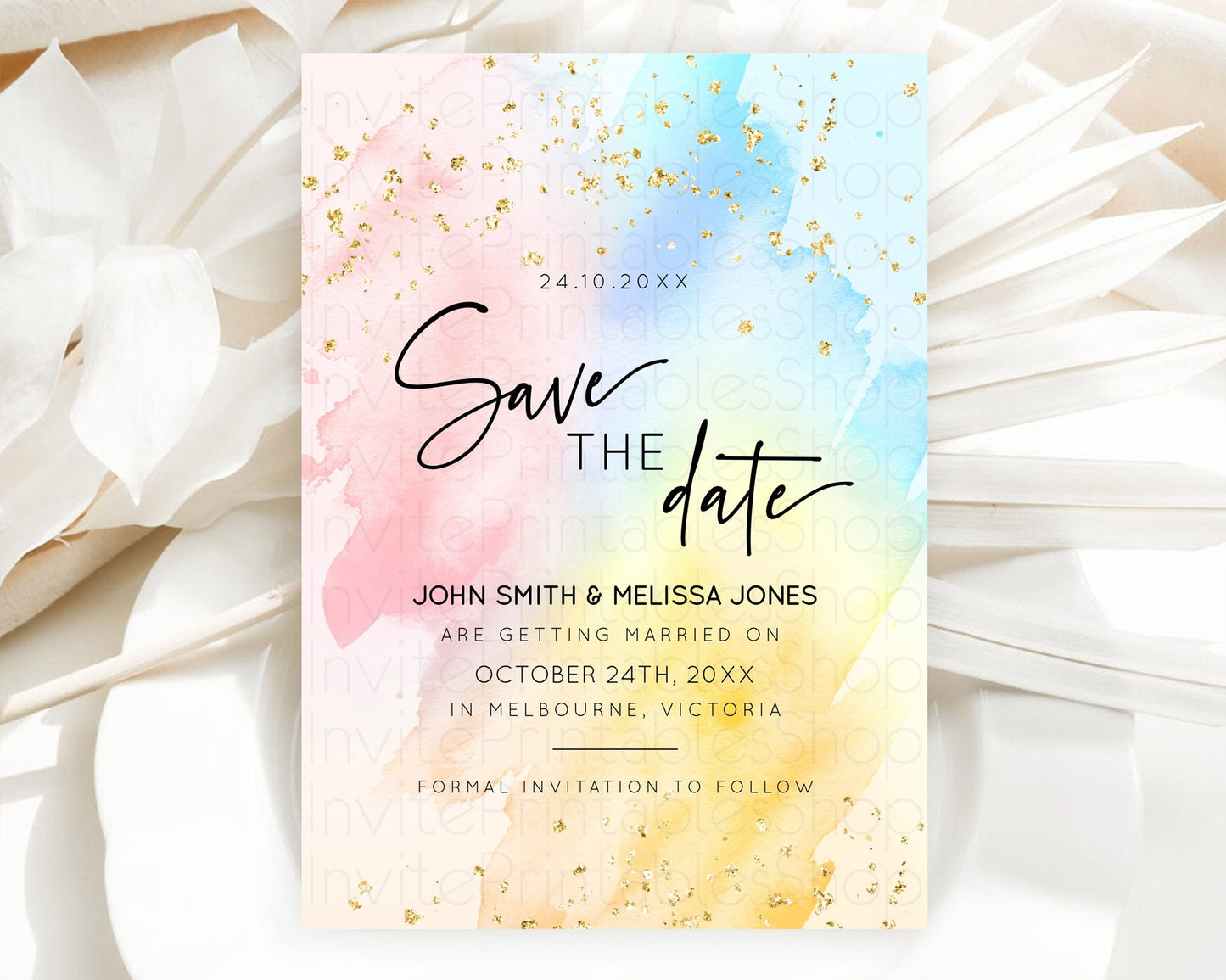 Pastel Save The Date Template Pastel Ombre Rainbow Watercolor Colorful Party For Birthday Baptism Baby Shower Wedding Bridal Shower D10557