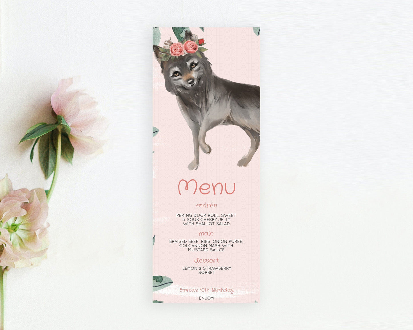 Wolf Menu Wolf Menu Template Pastel Floral Wolf Table Decor Forest Wolf Party Decor Wolf Dinner Dessert Menu Wolf Party Food Menu D10535