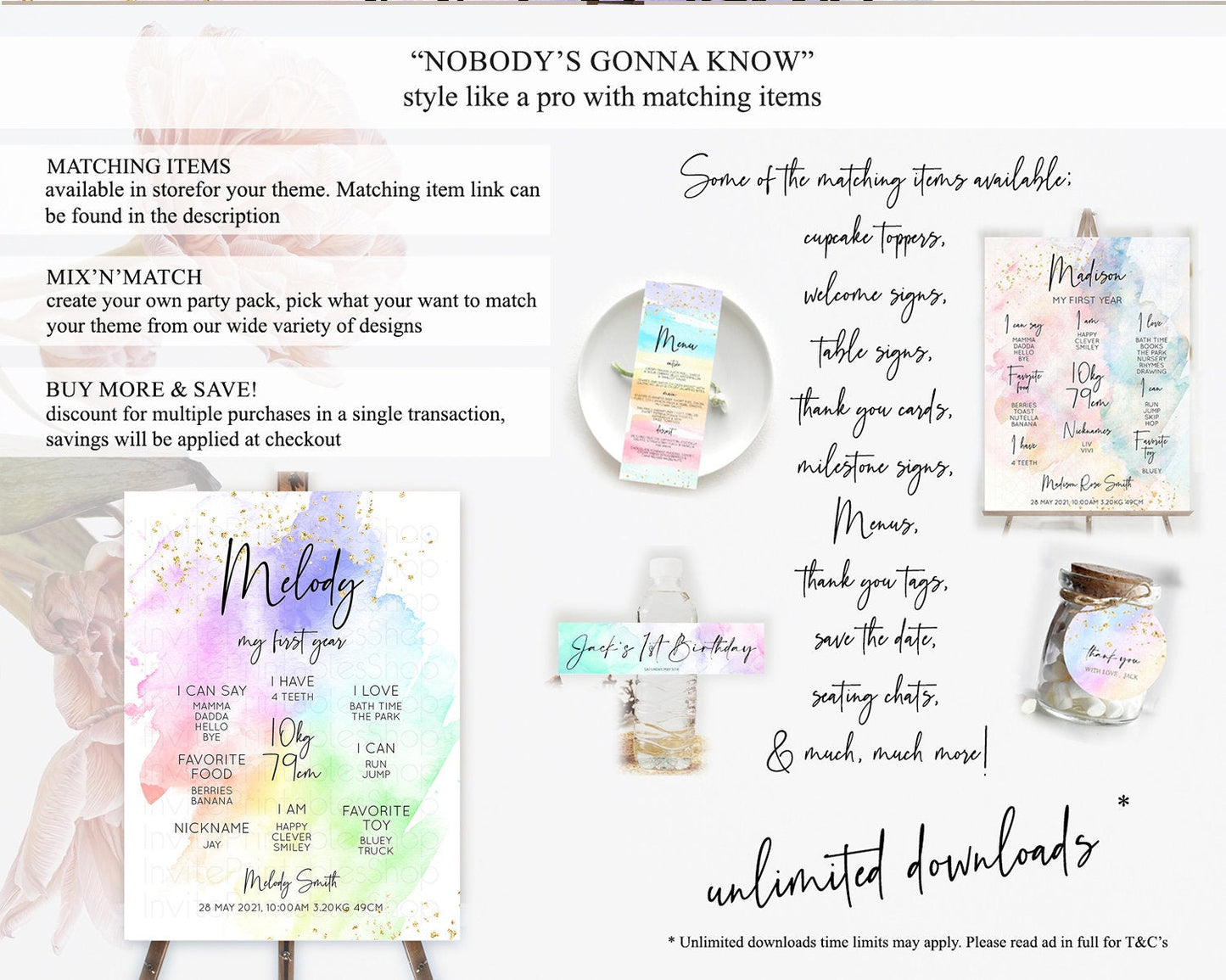 Pastel First Birthday Milestone Board Pastel Rainbow Milestone Poster Colorful Confetti Watercolor Glitter 1st Birthday Welcome Sign D10316