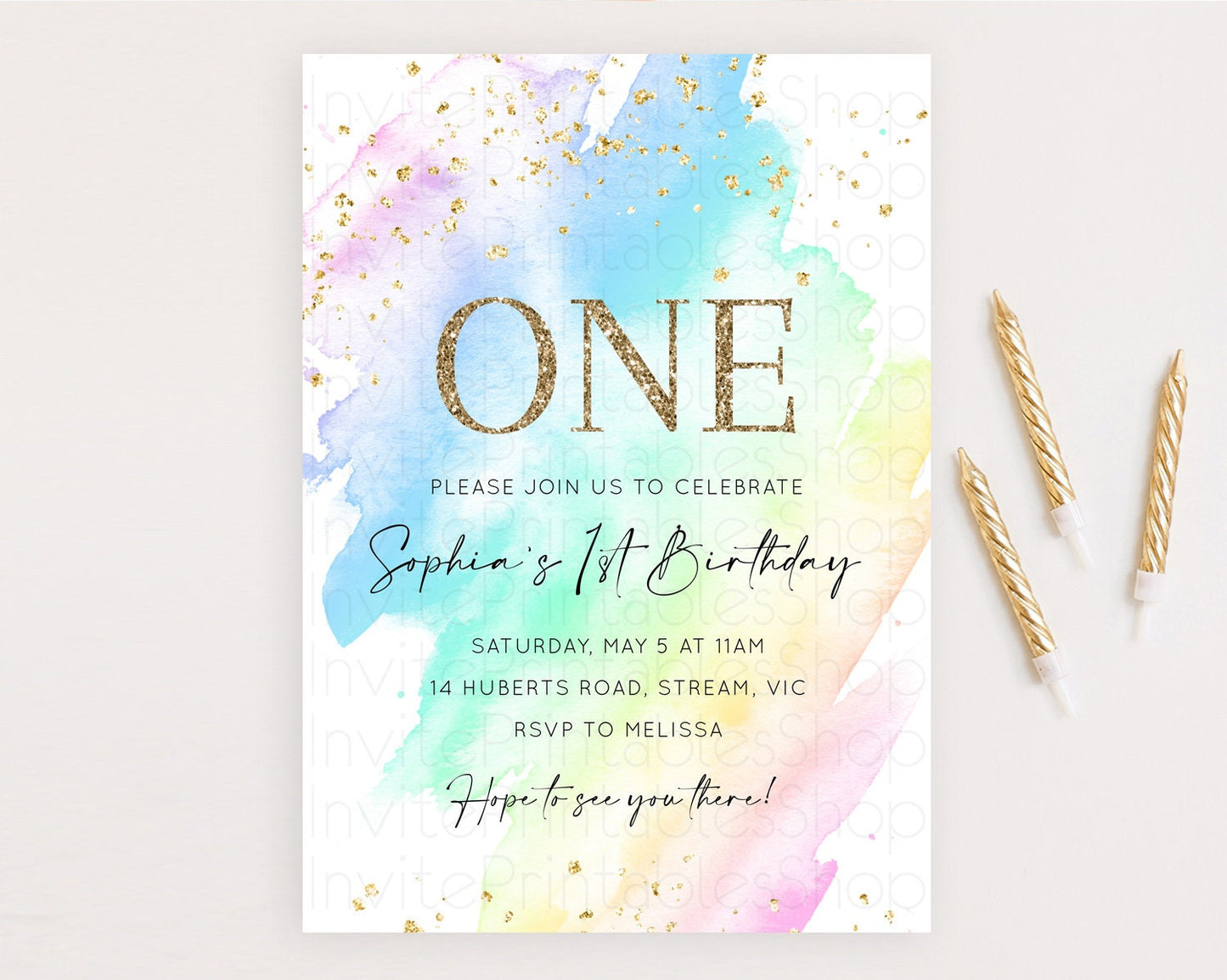 Rainbow Birthday Invitation Colorful Pastel Watercolor Invitation Gold Glitter Sprinkles Ombre Pastel 1st 2nd 3rd Birthday D10640