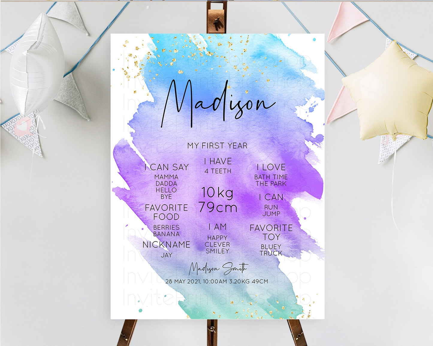 Pastel First Birthday Milestone Board Pastel Rainbow Milestone Poster Colorful Confetti Watercolor Glitter 1st Birthday Welcome Sign D10491