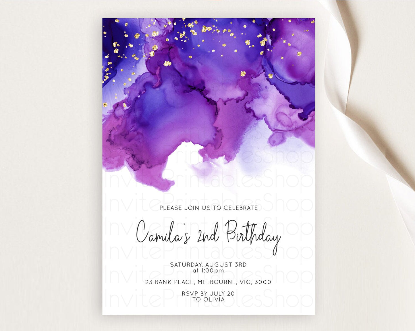 Purple Birthday Invitation Purple Watercolor Invite Pastel Purple Watercolor Invitation Purple Splash Gold Invitation First Birthday D11068