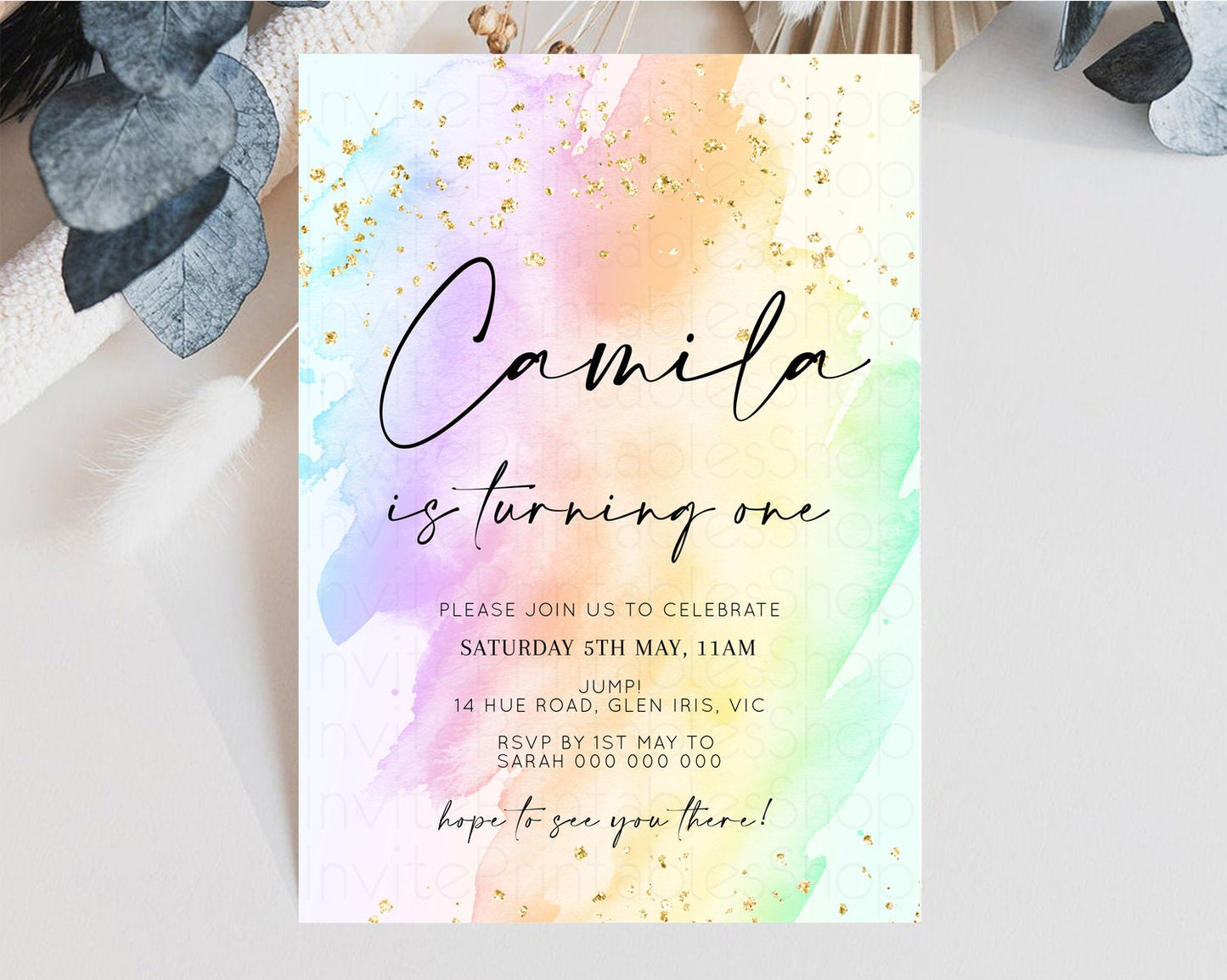 Rainbow Birthday Invitation Glitter Pastel Invitation Colorful Watercolor Gold Foil Splatter Sprinkle Ombre 1st 2nd 3rd Birthday Invite t602